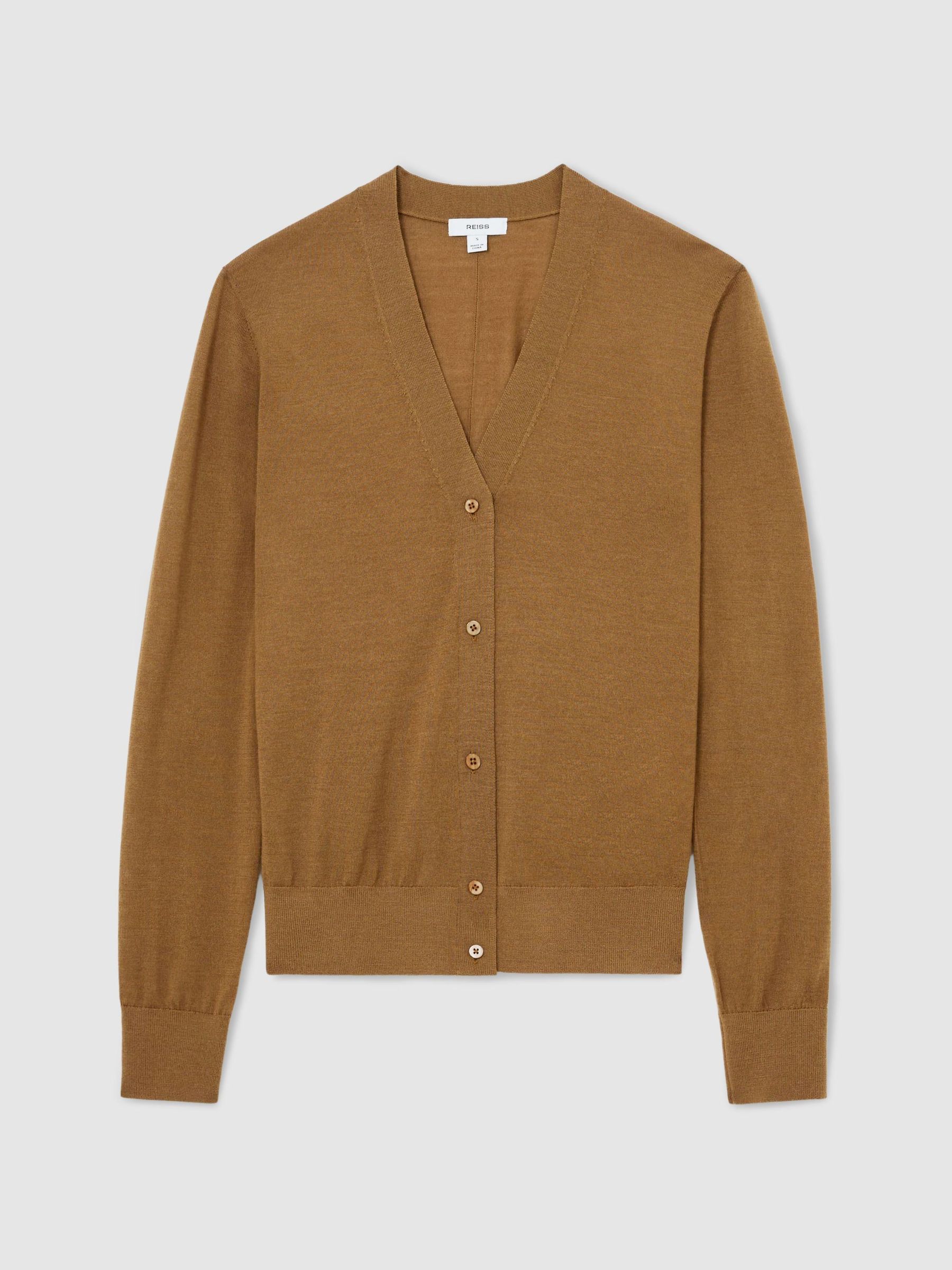 Merino Wool V-Neck Cardigan in Camel - Image 2 of 6 Merino Wool V-Neck Cardigan in Camel - Image 2 of 6