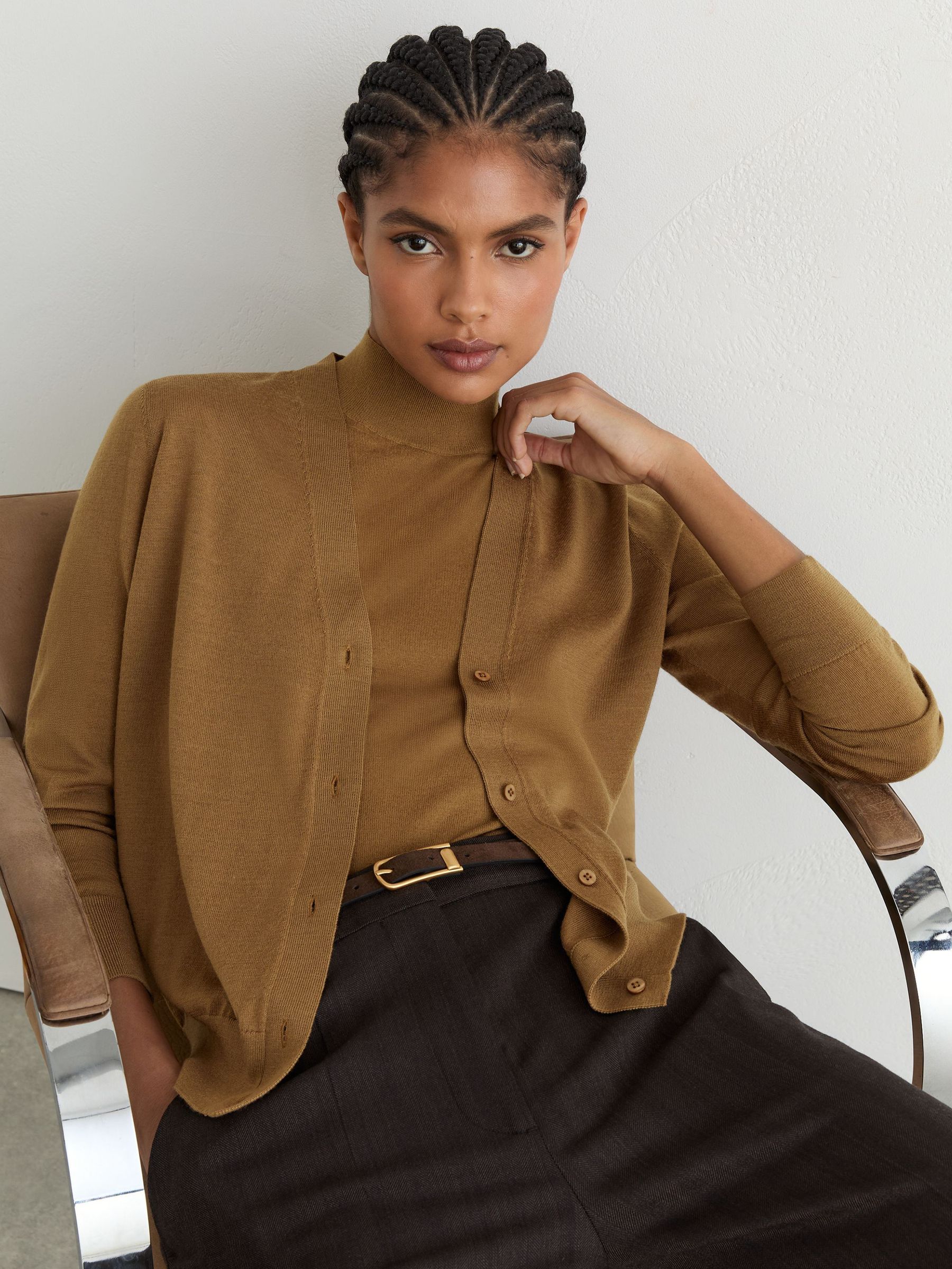 Merino Wool V-Neck Cardigan in Camel - Image 3 of 6