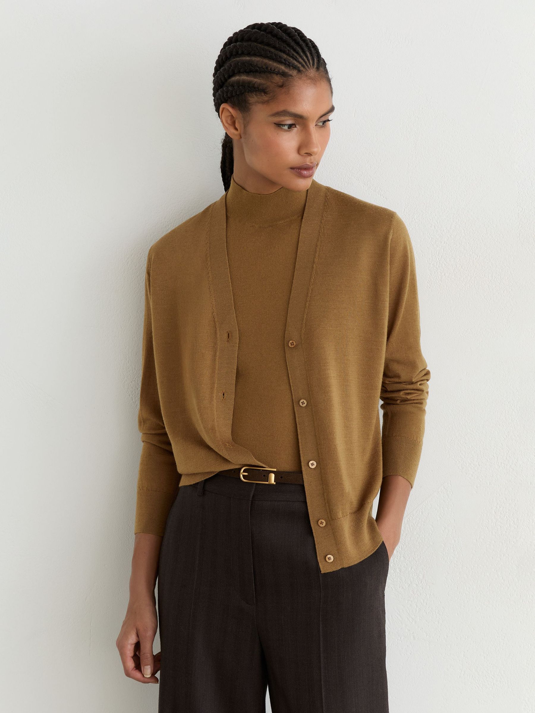 Merino Wool V-Neck Cardigan in Camel - Image 4 of 6