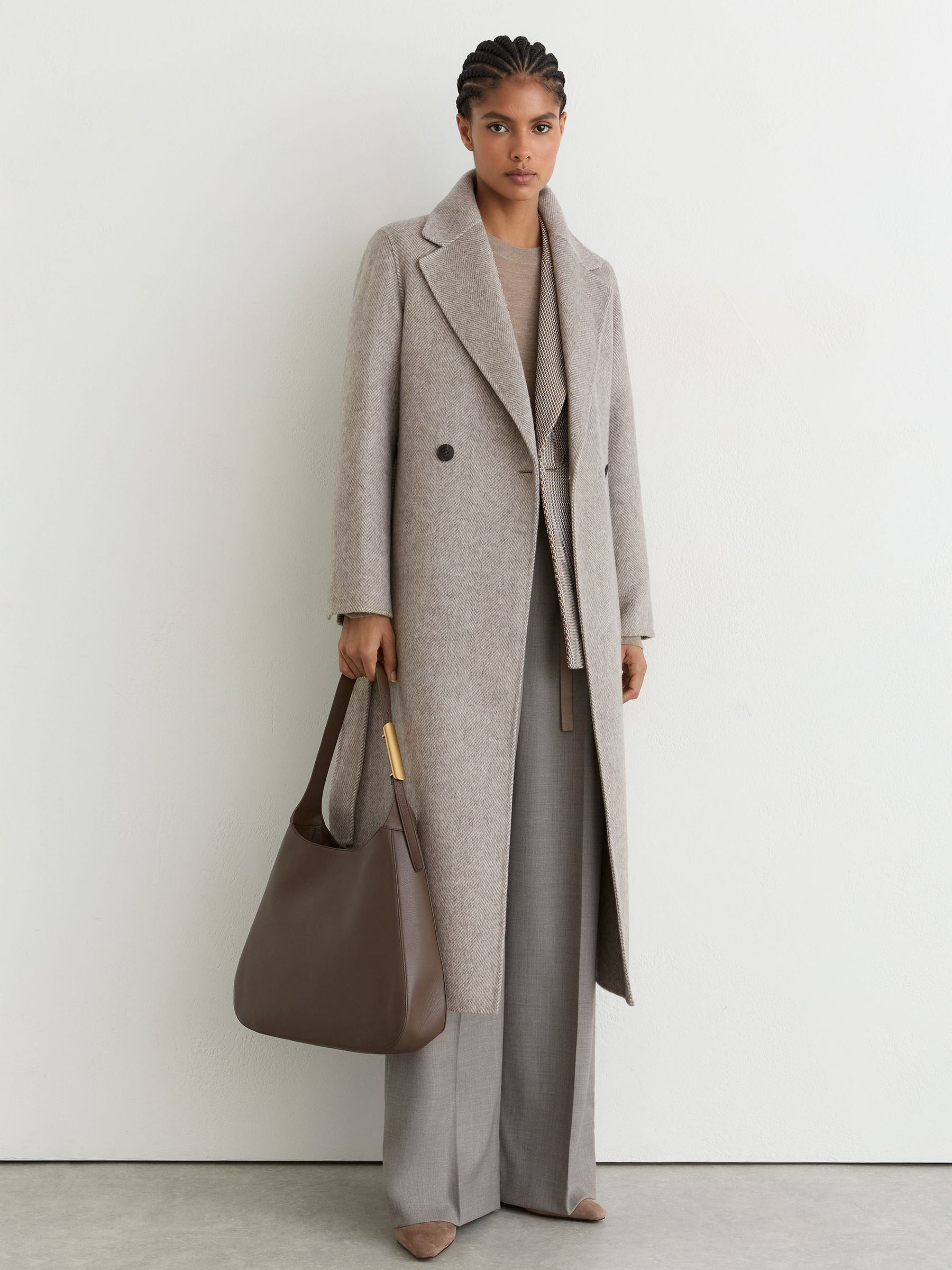 Petite Herringbone Double-Breasted Blind-Seam Coat Wool-Blend in Light Grey - Image 3 of 11