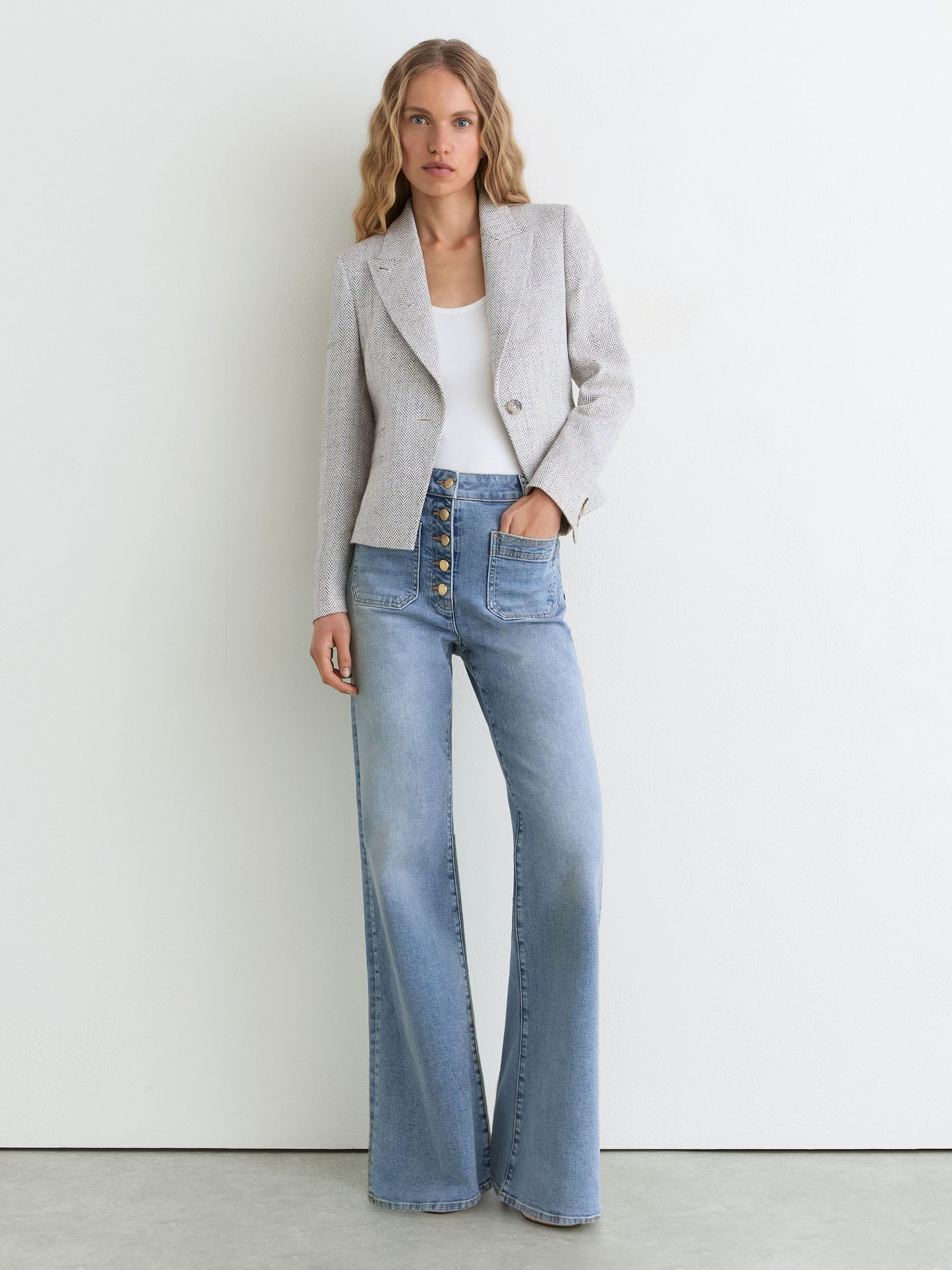 Twin-Pocket Button Flared Jeans in Light Blue - Image 1 of 8