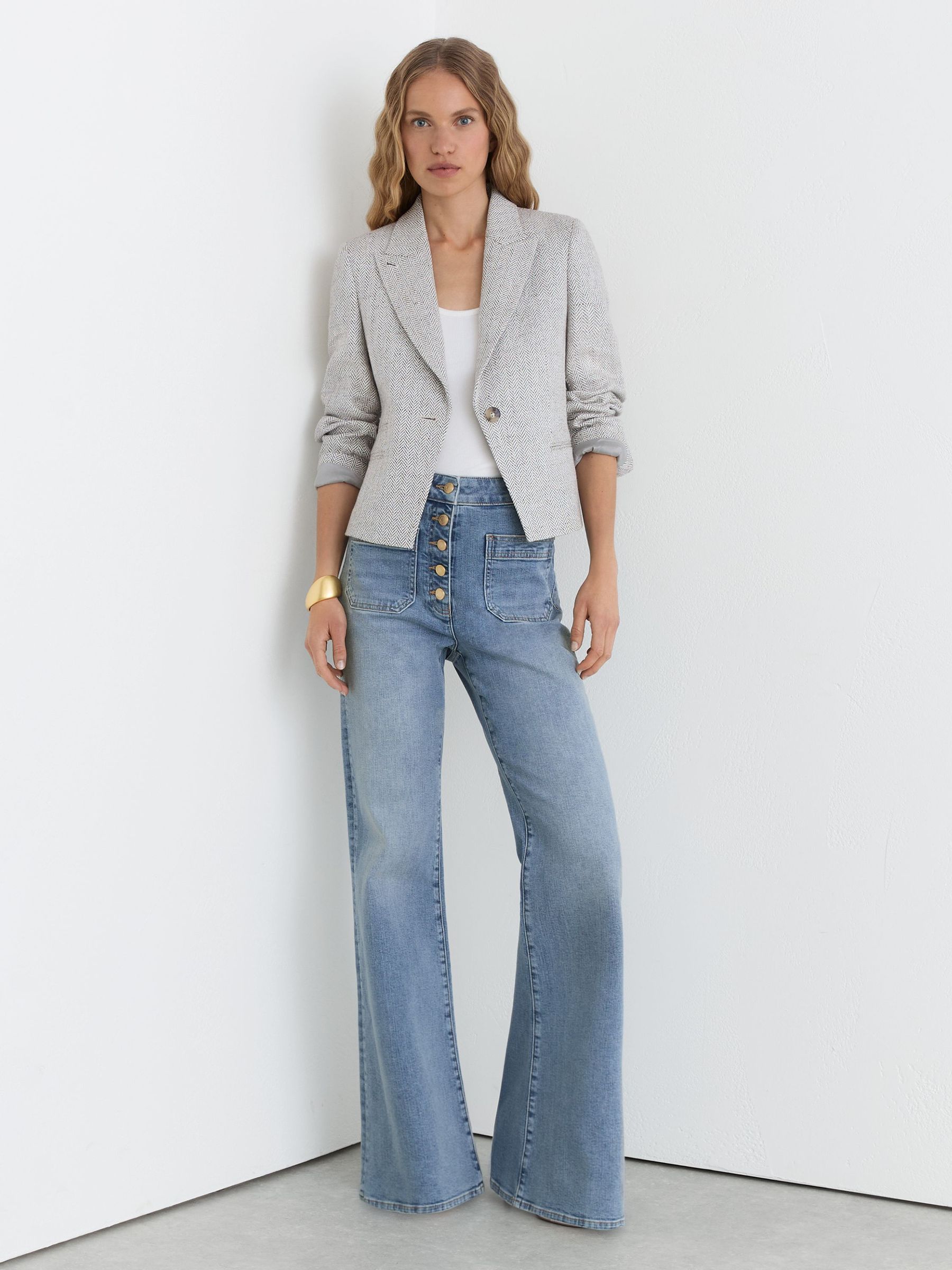 Petite Twin-Pocket Button Flared Jeans in Light Blue - Image 1 of 9