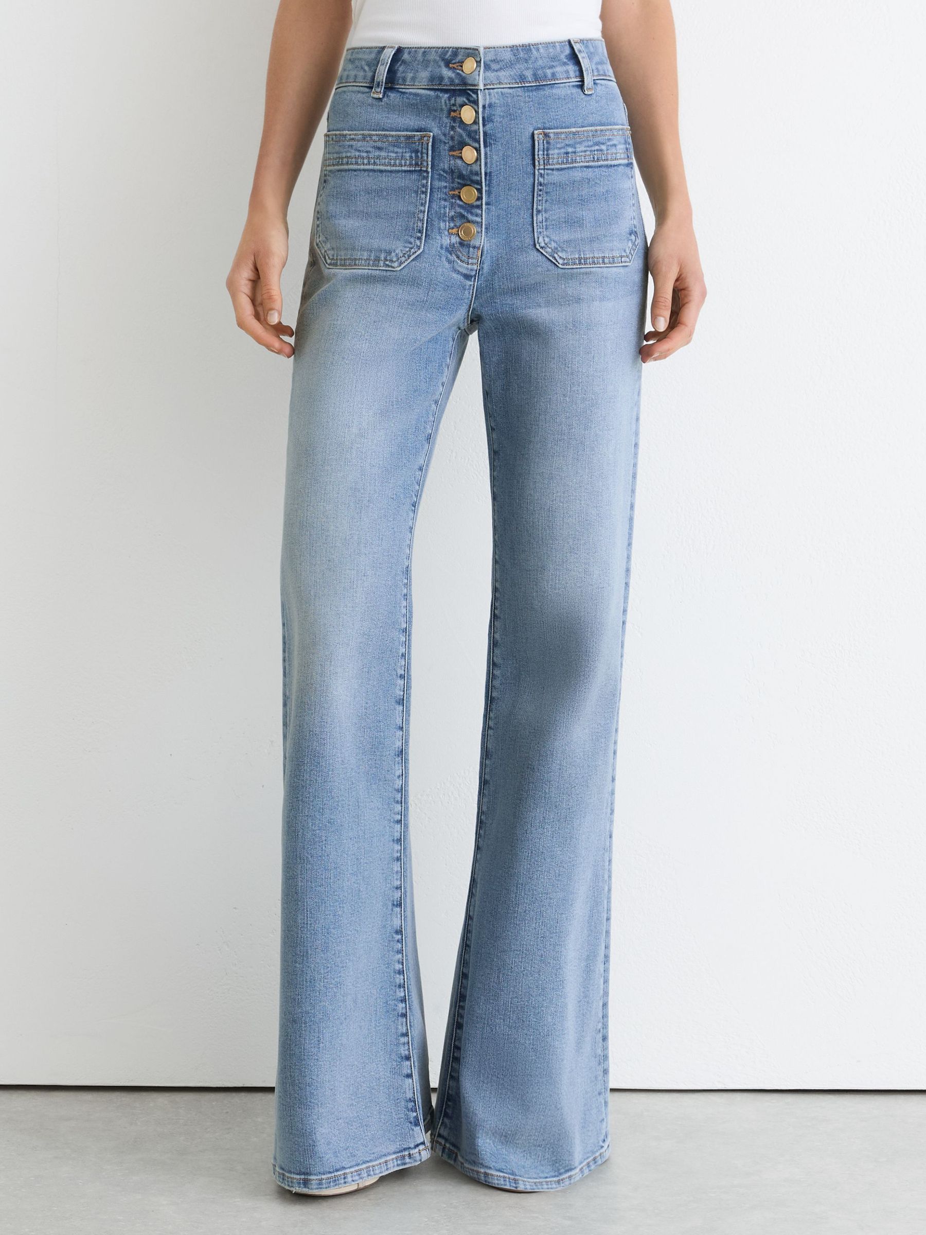 Petite Twin-Pocket Button Flared Jeans in Light Blue - Image 3 of 9