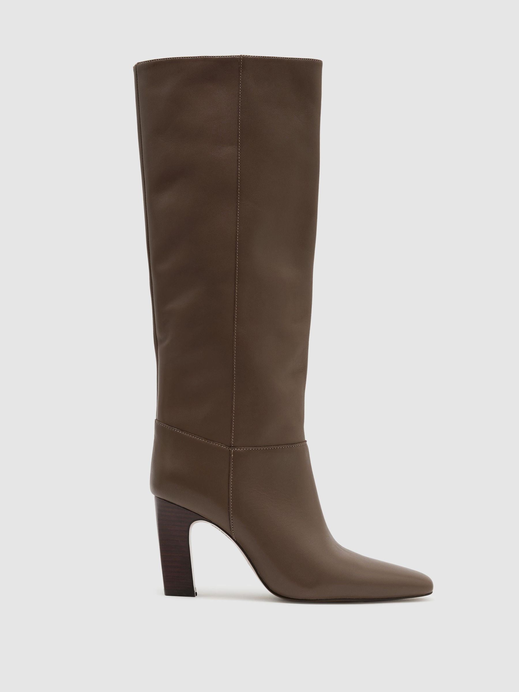Leather Block-Heel Knee-High Boots in Taupe - صورة 2 من 6