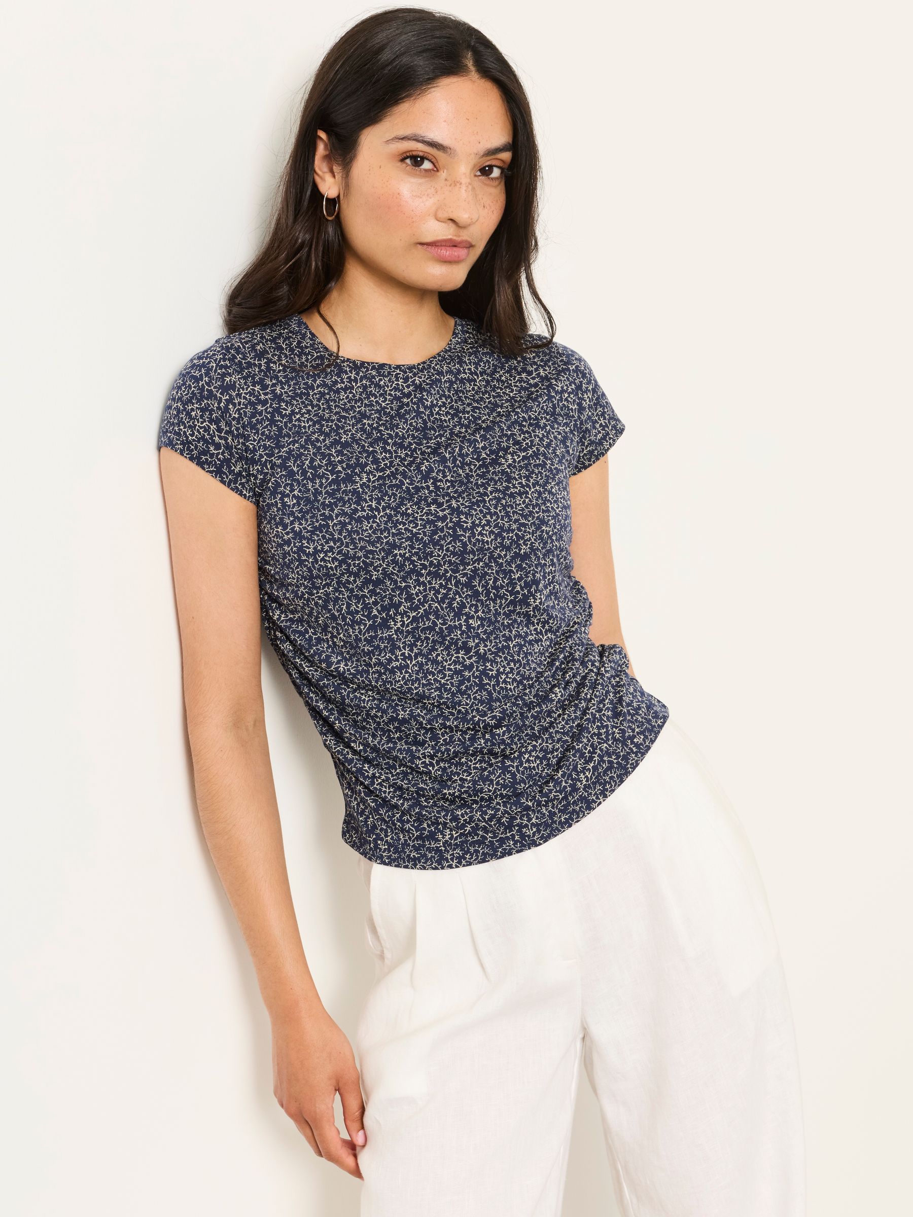 Ruby Navy Coral Print Short Sleeve Ruched Top - Image 1 of 6