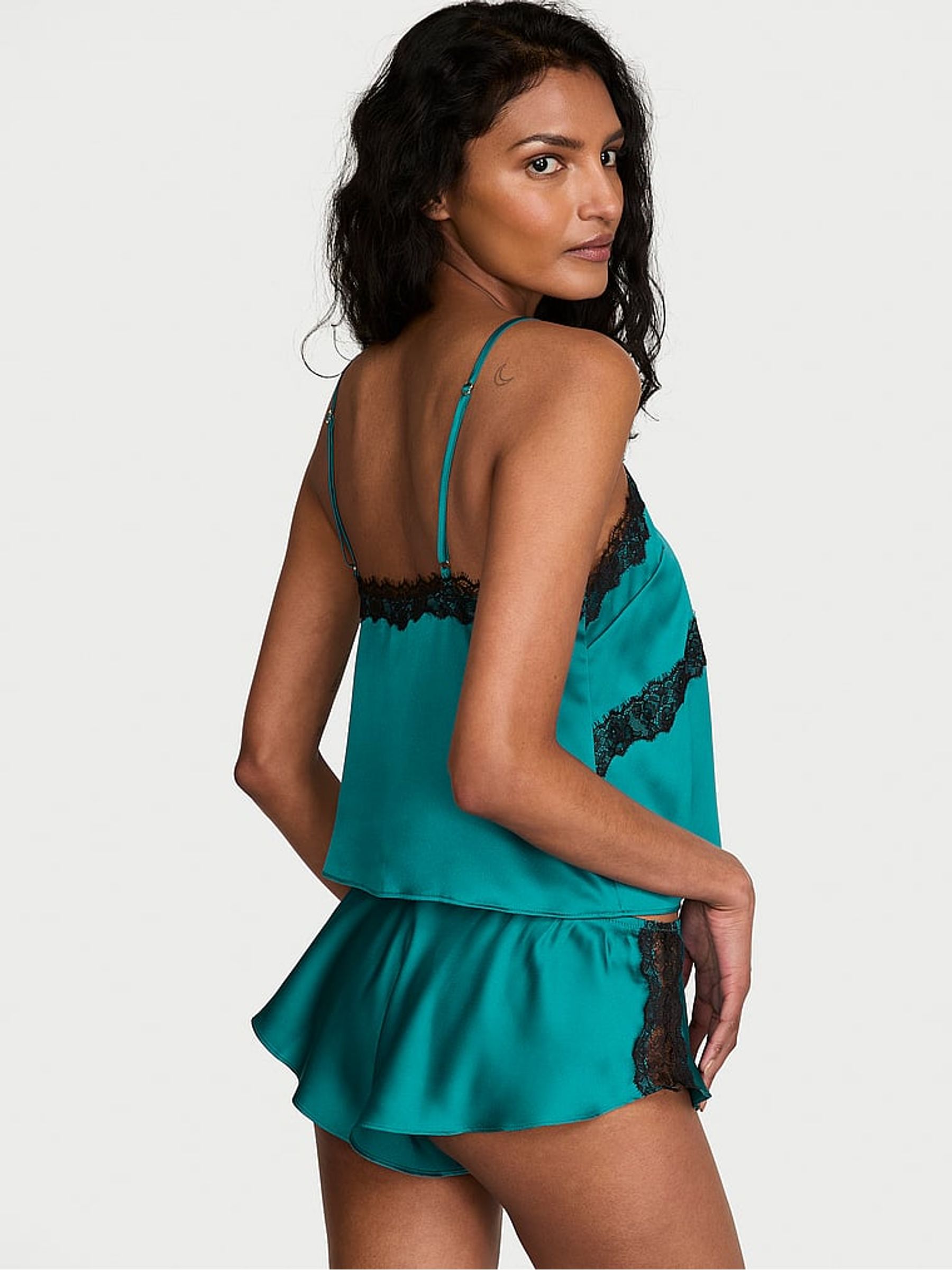 True Teal Blue Satin Lace Trim Cami Flutter Short Set - Image 2 of 2