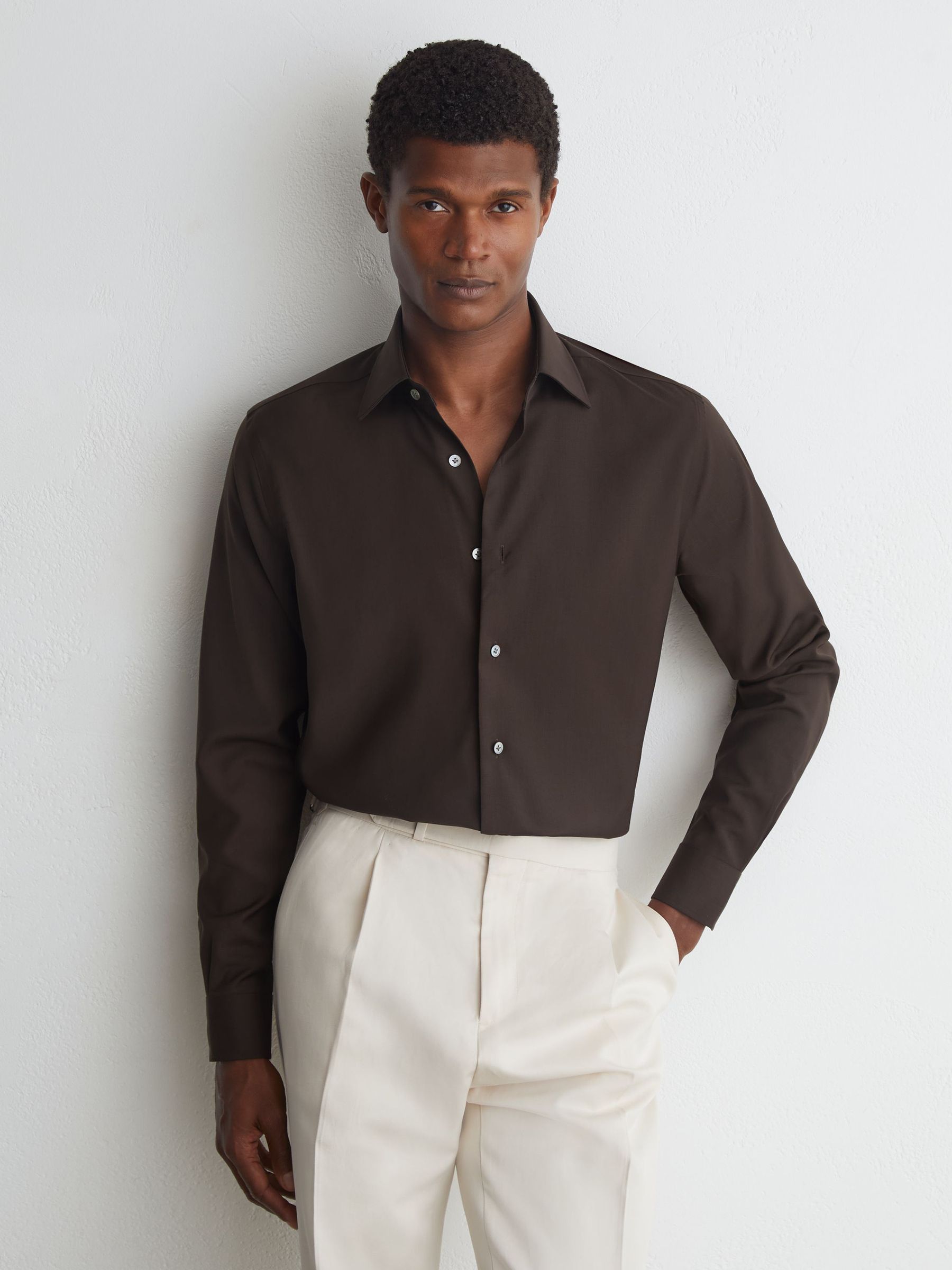 Atelier Wool Long-Sleeve Slim-Fit Brown Shirt in Brown - Εικόνα 1 από 8
