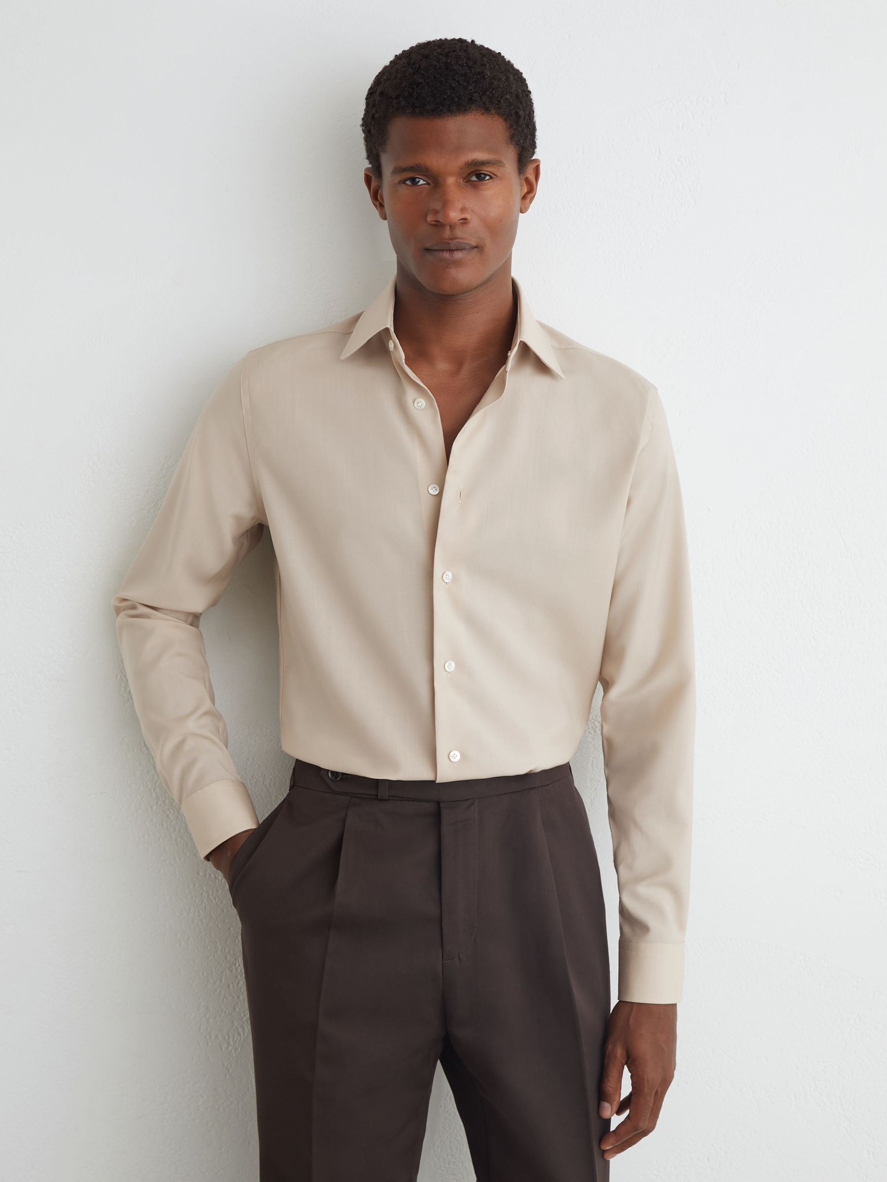 Atelier Stone Wool Long-Sleeve Slim-Fit Shirt in Stone - Image 5 of 7