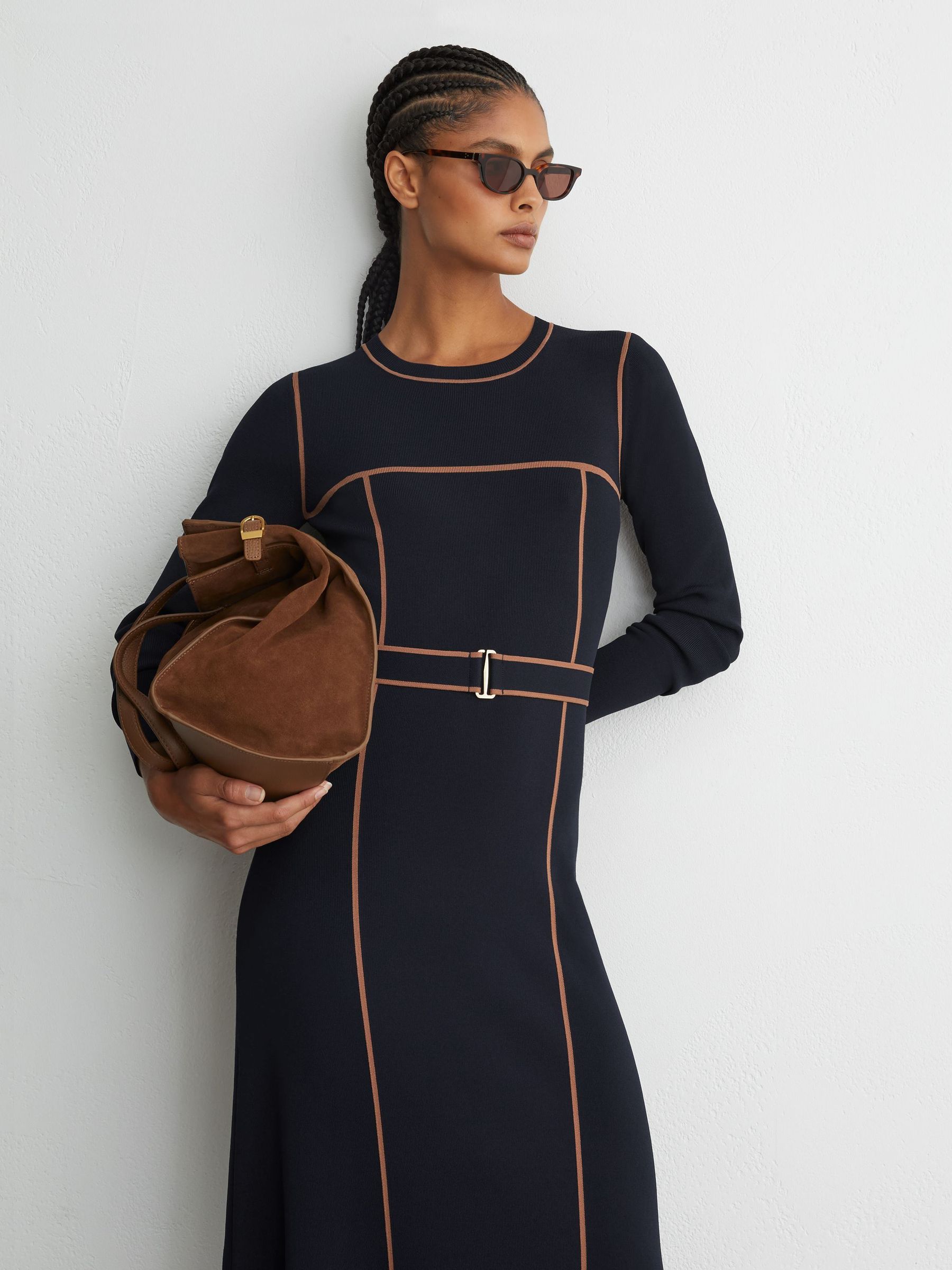 Colour-Block Knitted Midi Dress in Navy/Camel - Image 1 of 8