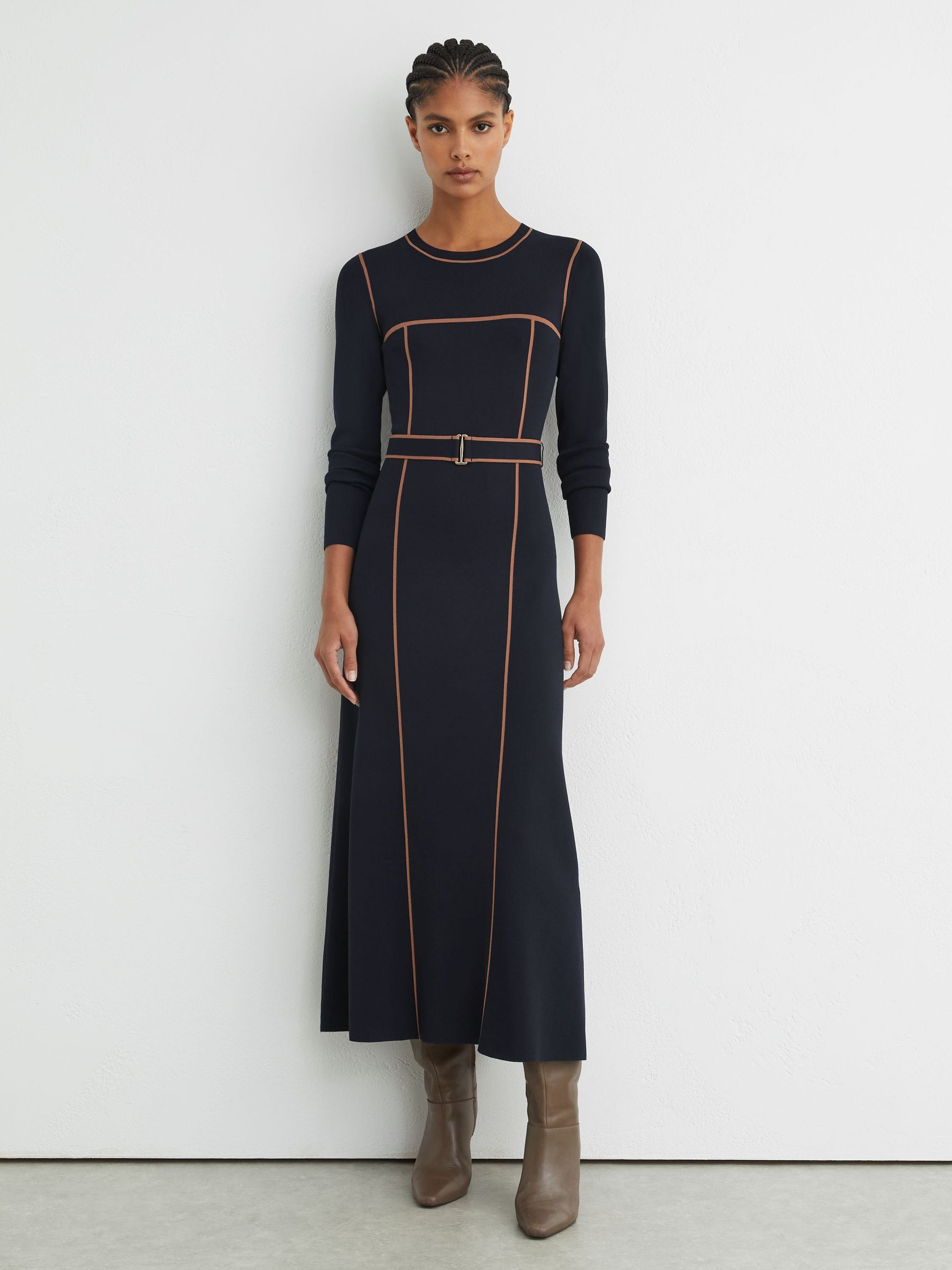 Colour-Block Knitted Midi Dress in Navy/Camel - Image 3 of 8