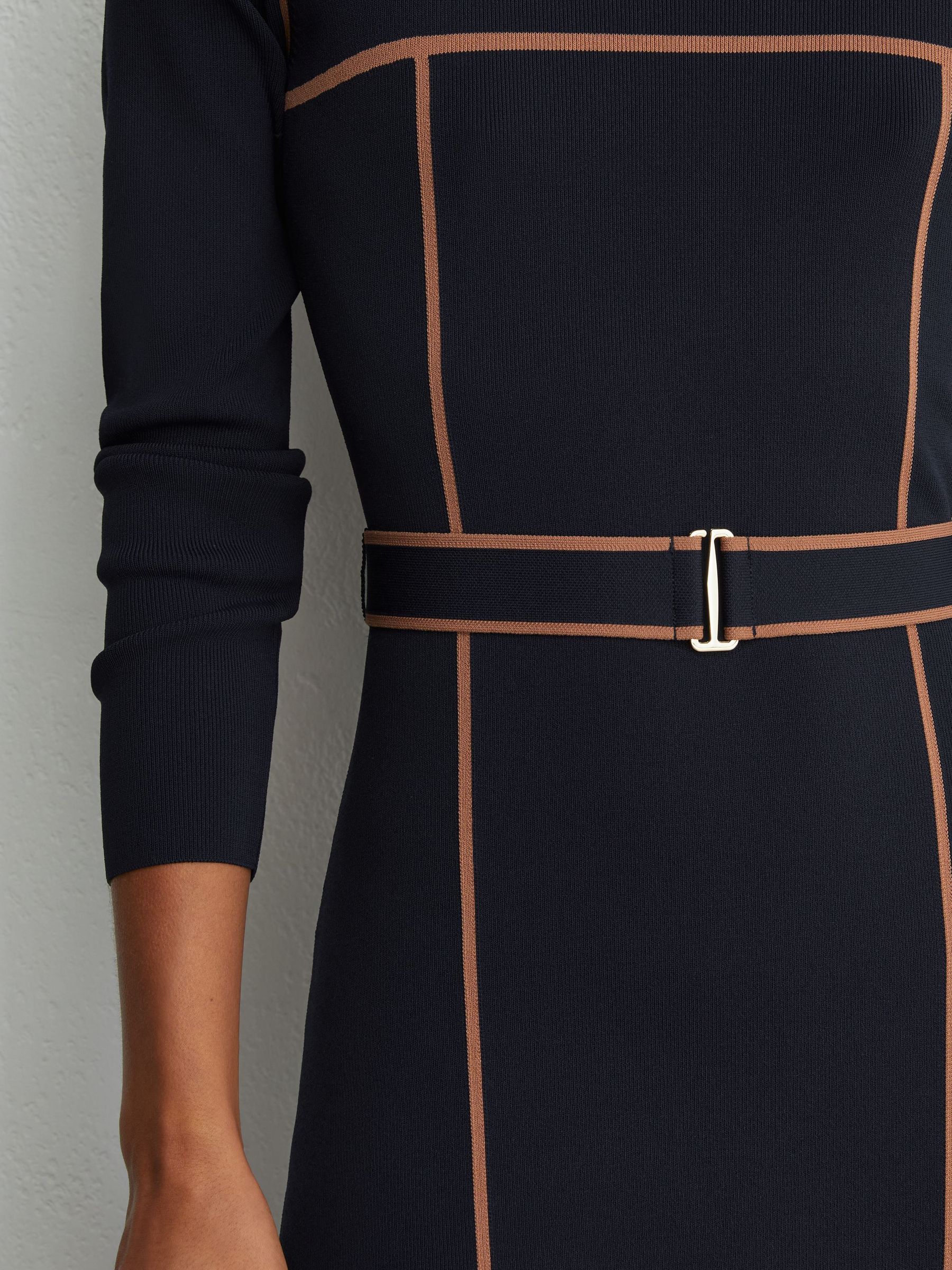 Colour-Block Knitted Midi Dress in Navy/Camel - Image 4 of 8