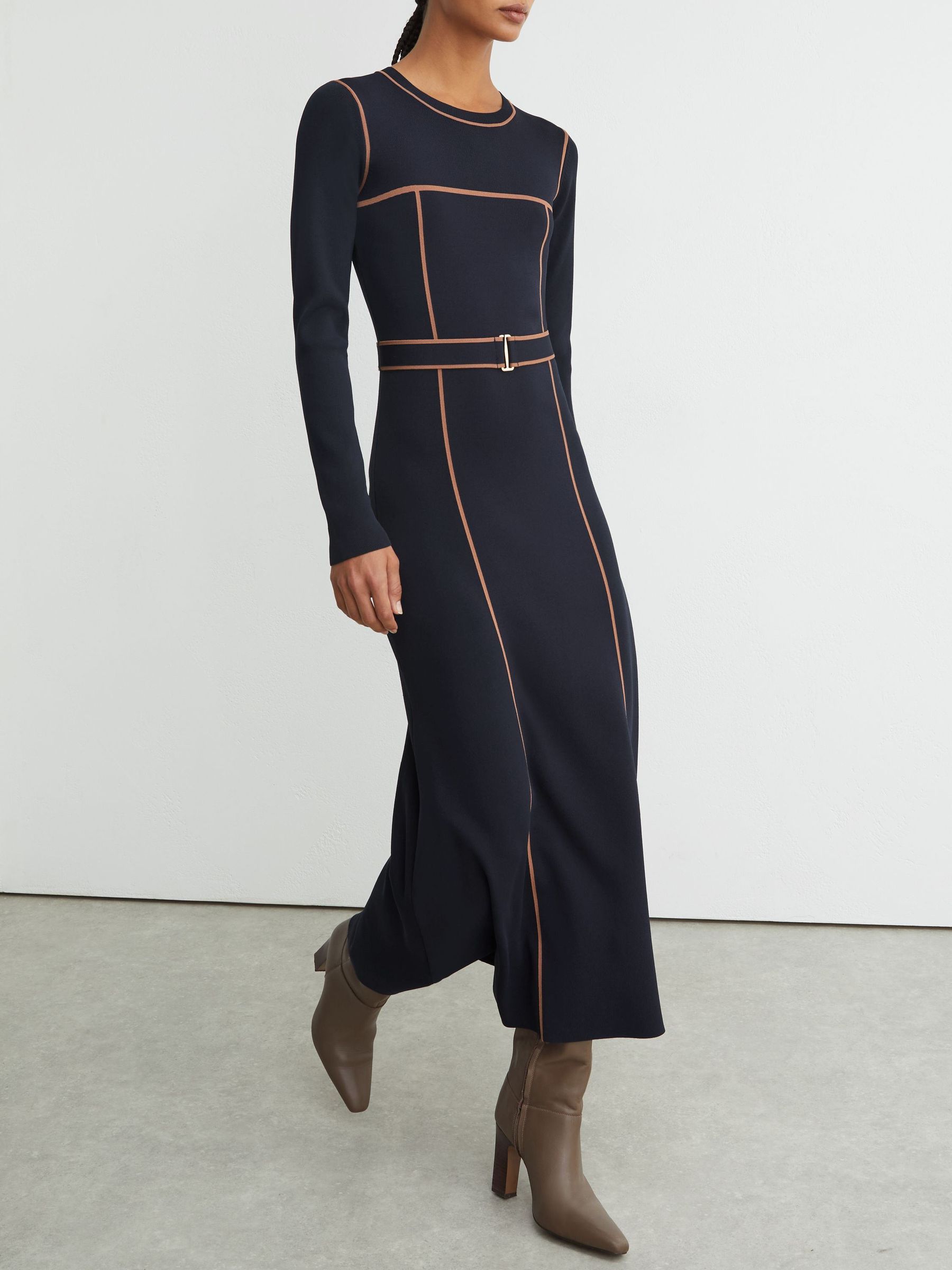 Colour-Block Knitted Midi Dress in Navy/Camel - Image 5 of 8