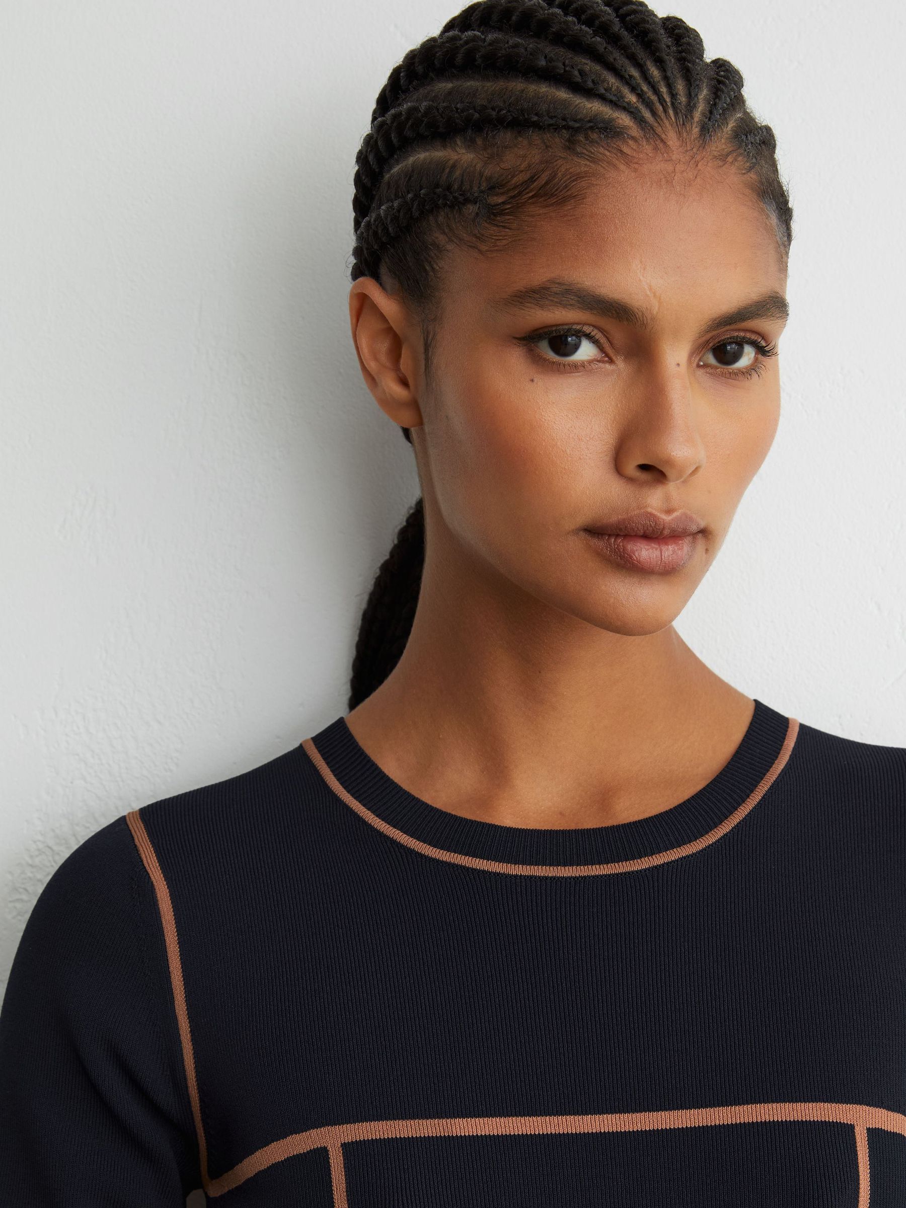 Colour-Block Knitted Midi Dress in Navy/Camel - Image 7 of 8