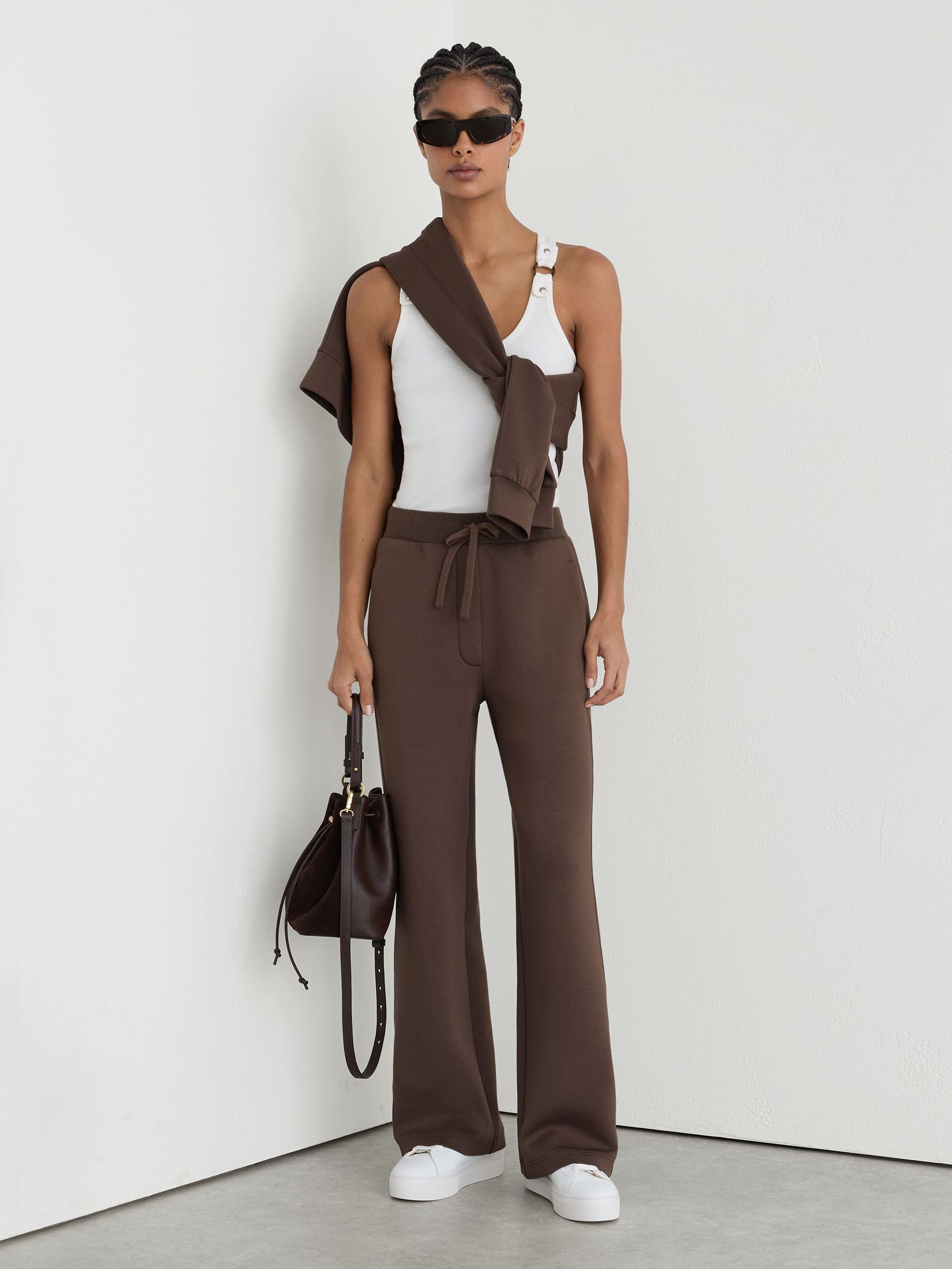 Petite Premium Interlock Wide-Leg Joggers in Mocha Brown - Image 1 of 8