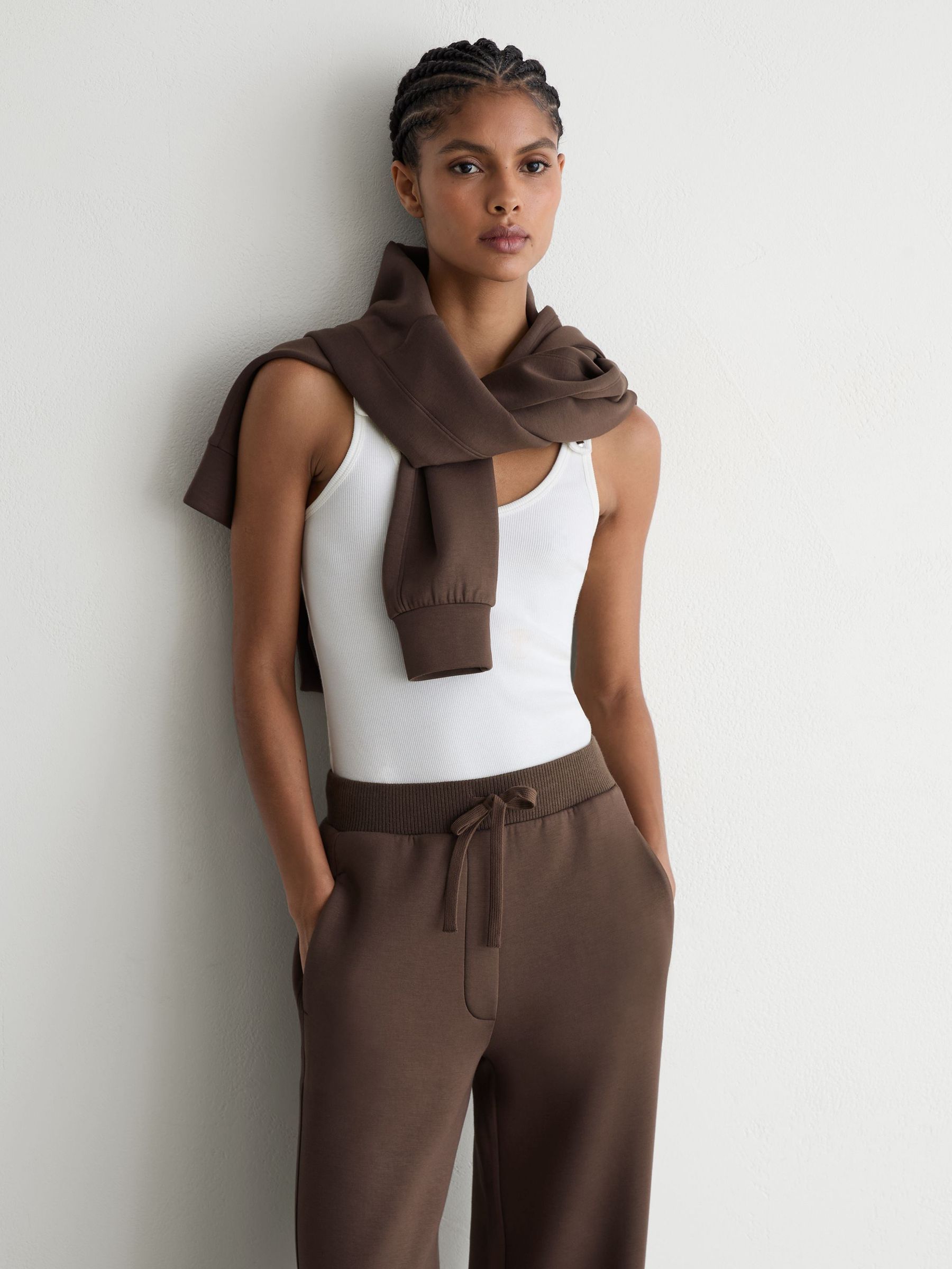 Petite Premium Interlock Wide-Leg Joggers in Mocha Brown - Image 5 of 8