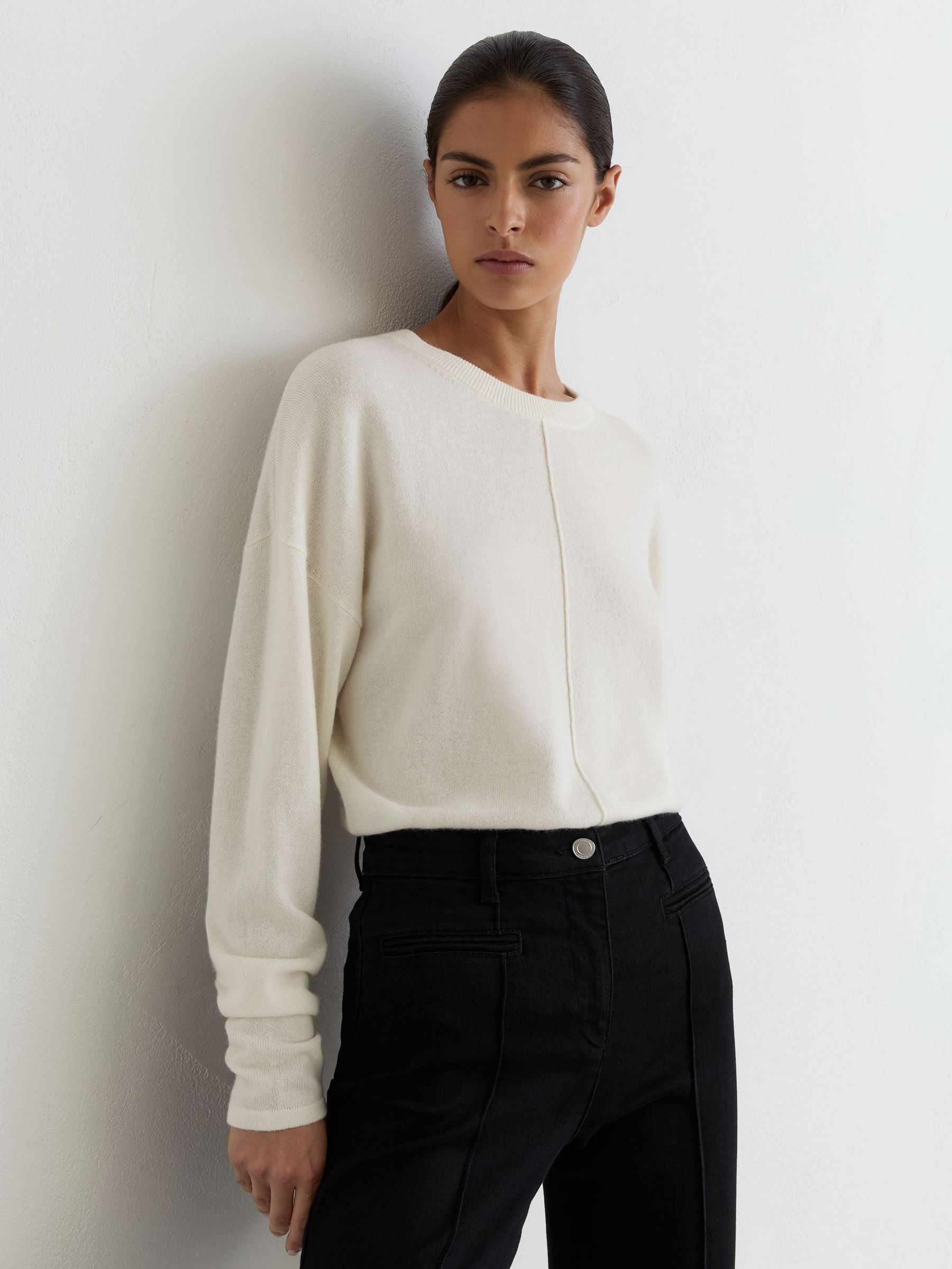 Wool-Blend Reverse-Seam Jumper with Cashmere in Ivory - Image 3 of 6
