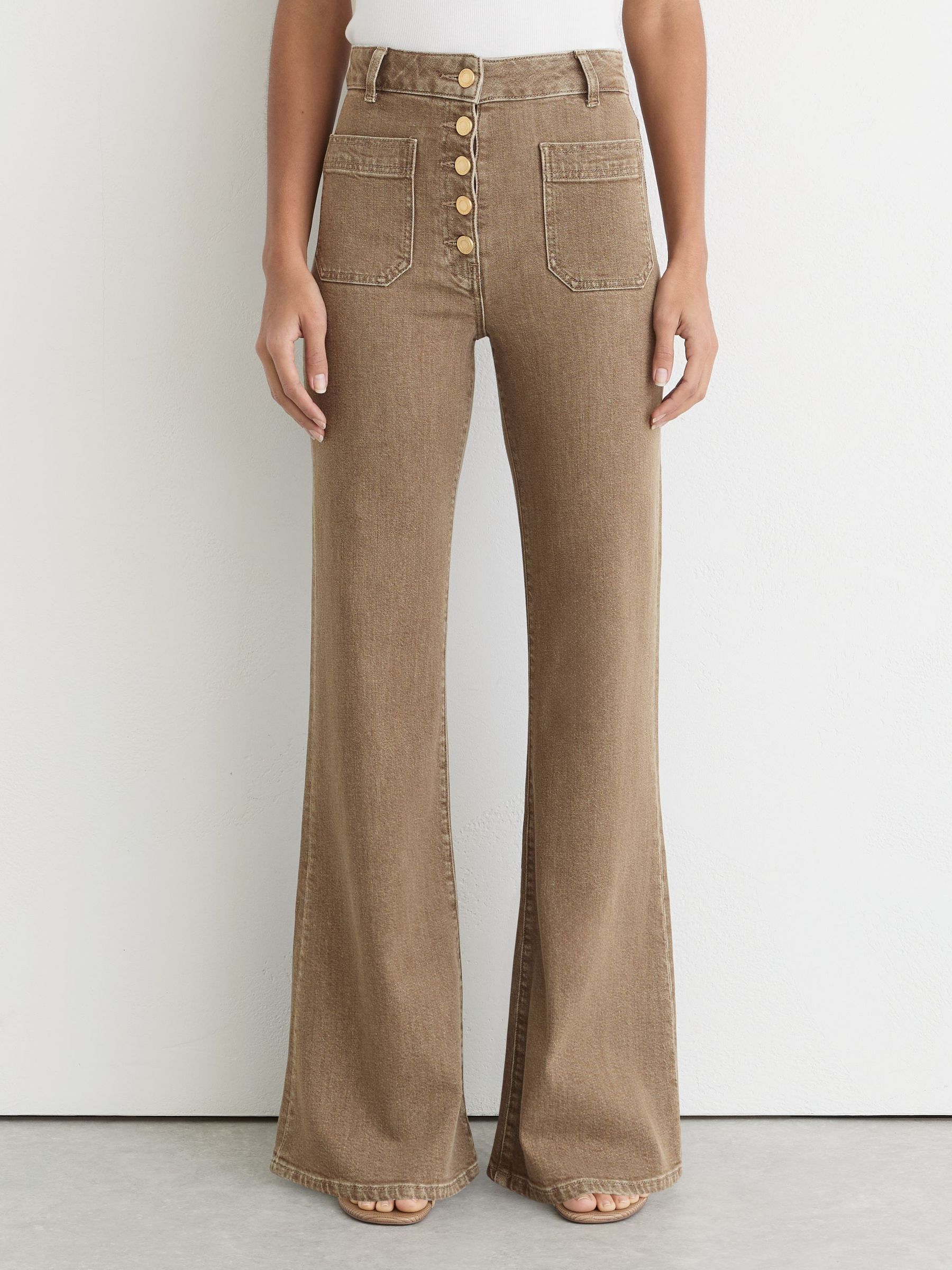 Twin-Pocket Button Flared Jeans in Light Brown - image 4