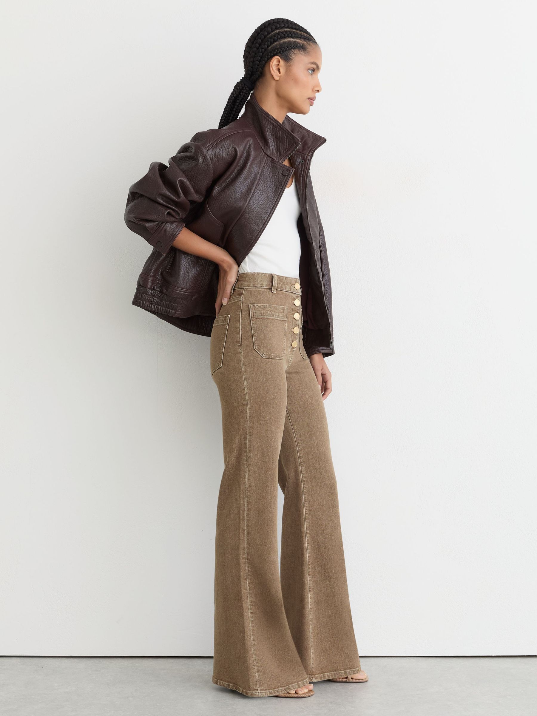 Petite Twin-Pocket Button Flared Jeans in Light Brown - image 3