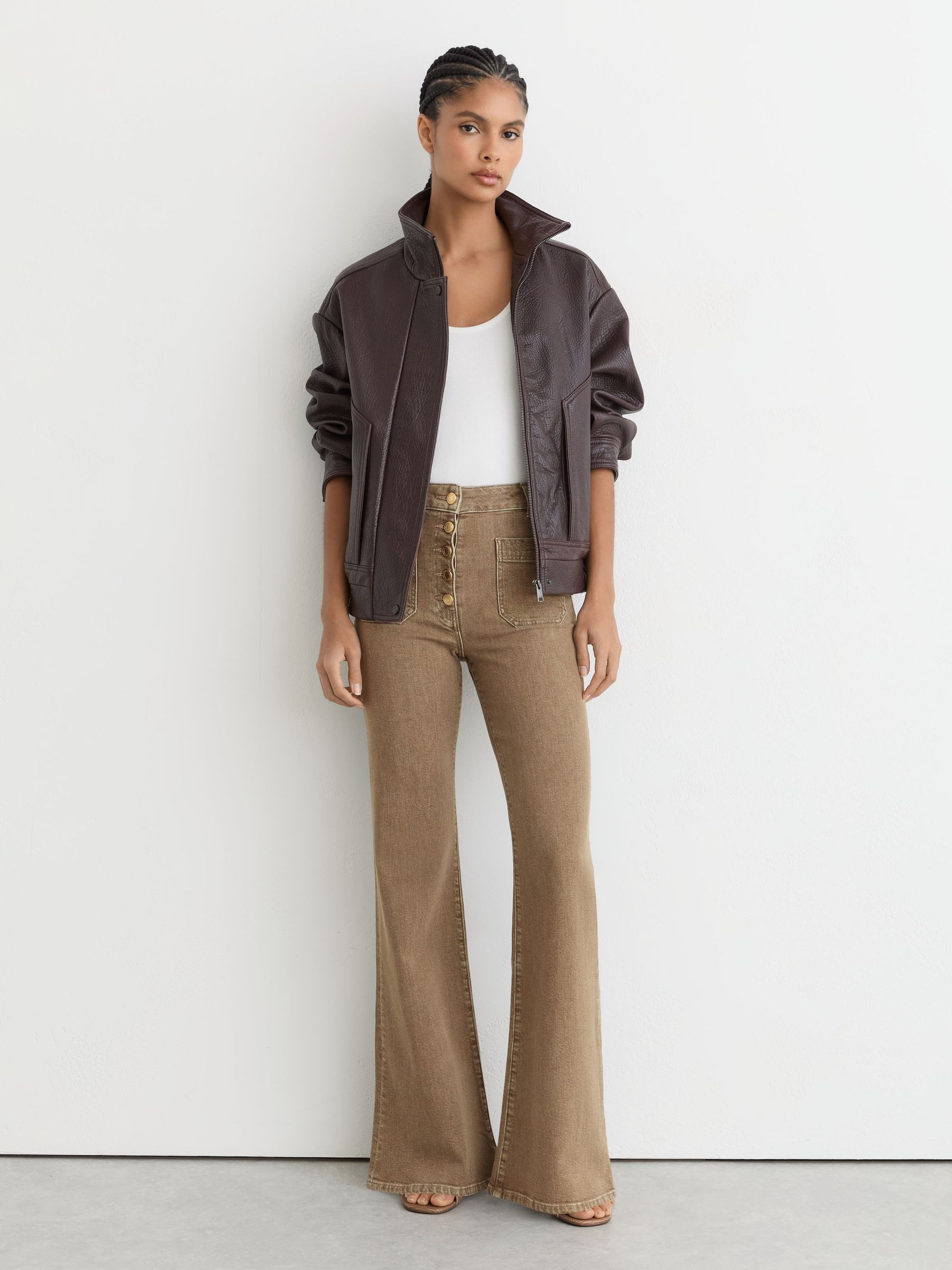 Petite Twin-Pocket Button Flared Jeans in Light Brown - image 4