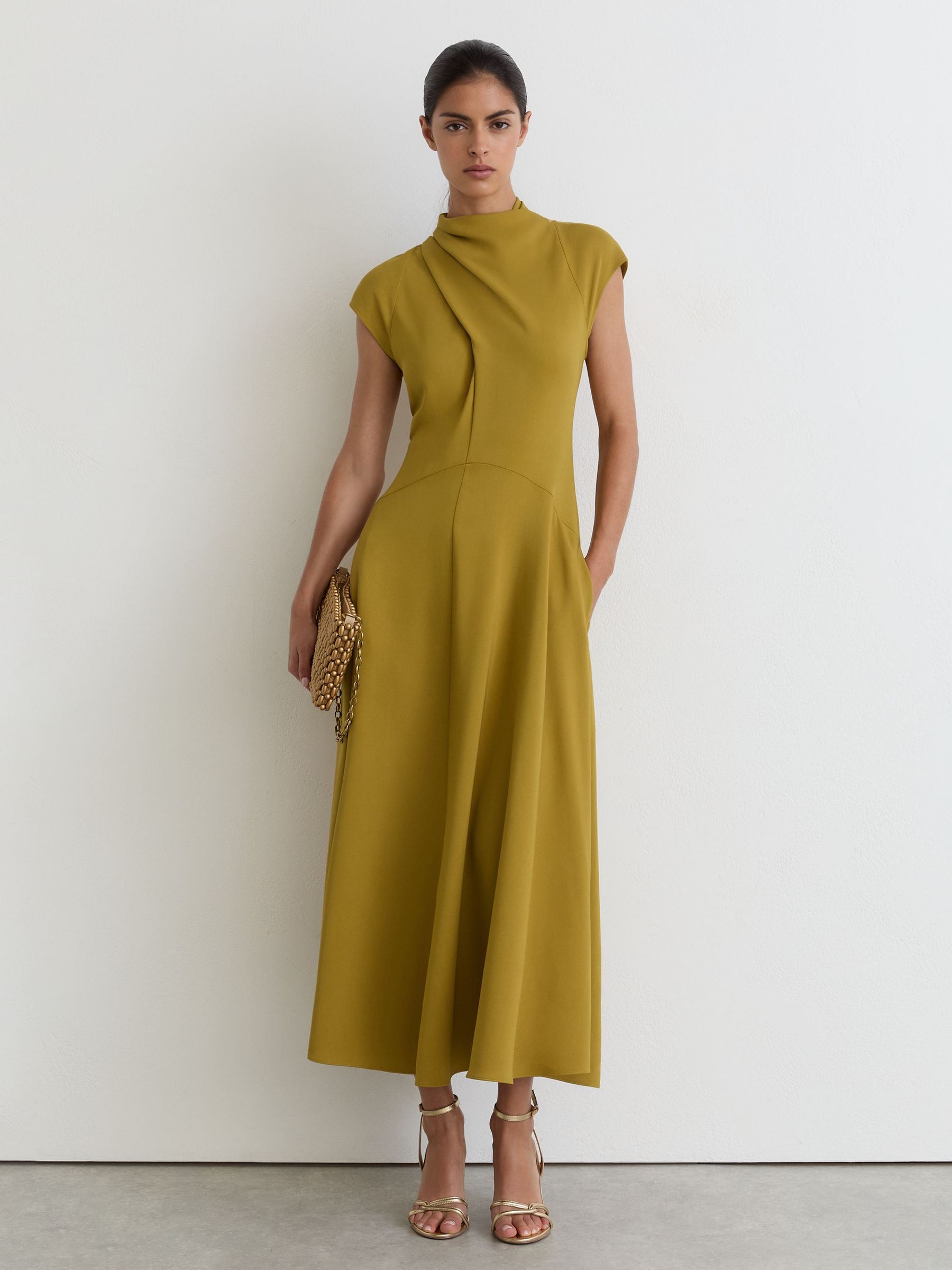 High-Neck Pleat-Detail Midi Dress in Chartreuse Green - Image 1 of 7