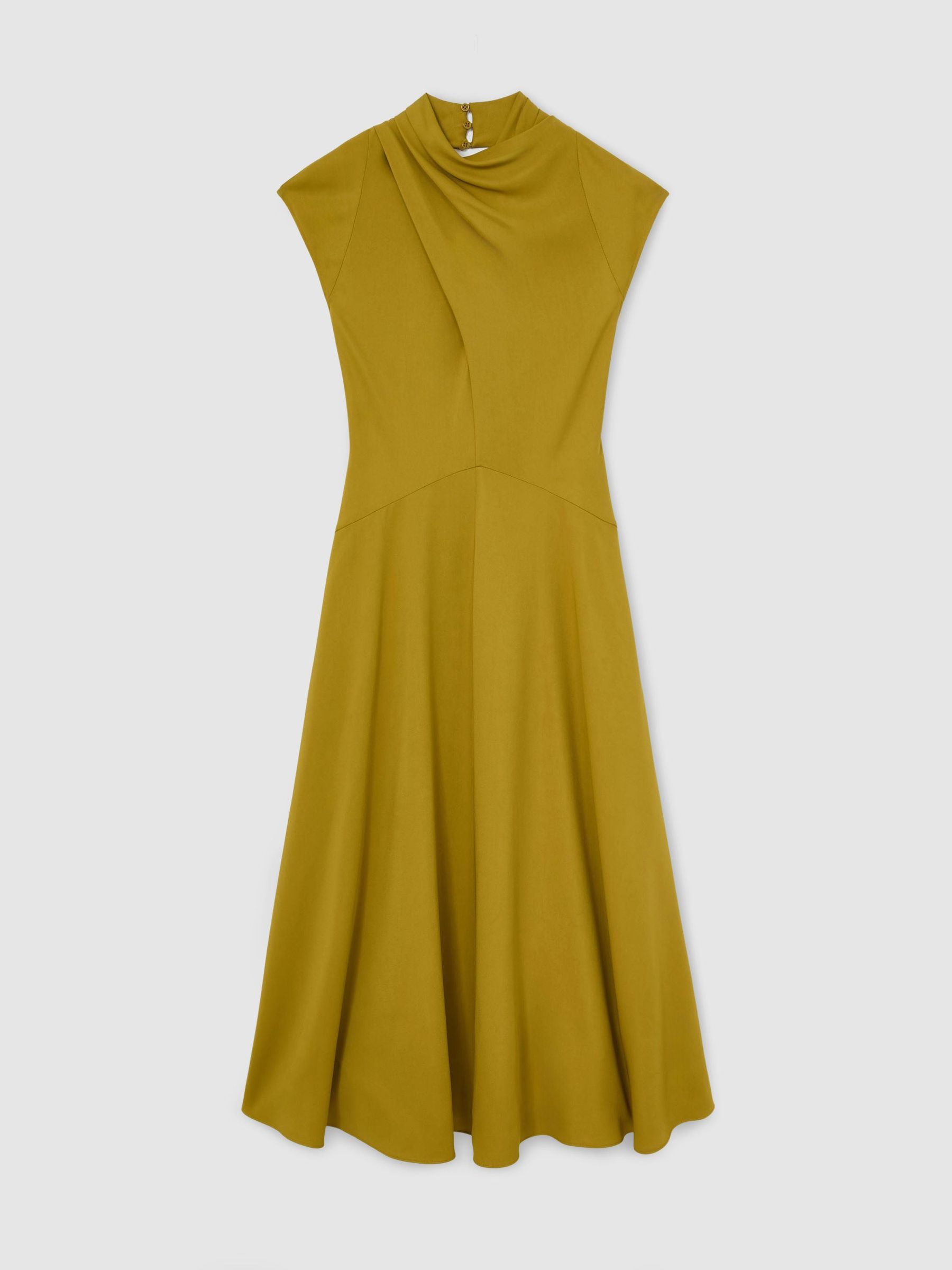 High-Neck Pleat-Detail Midi Dress in Chartreuse Green - Image 2 of 7