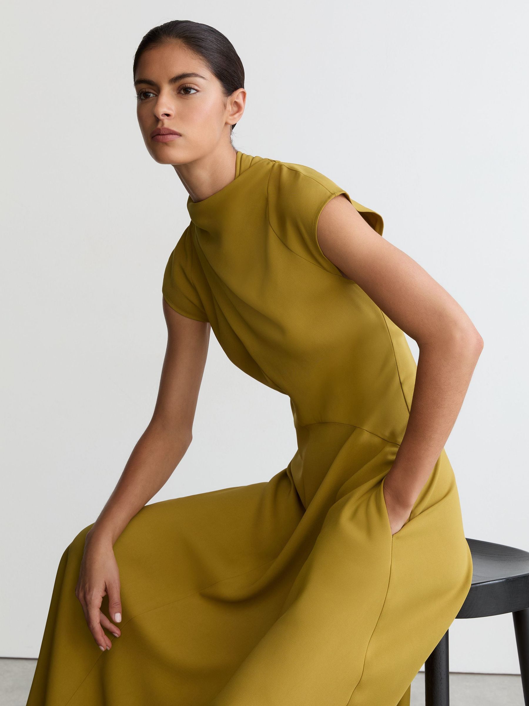 High-Neck Pleat-Detail Midi Dress in Chartreuse Green - Image 3 of 7
