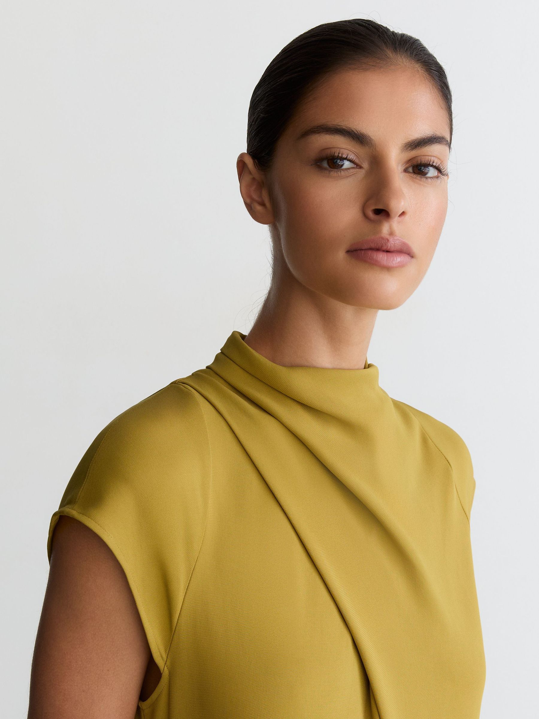 High-Neck Pleat-Detail Midi Dress in Chartreuse Green - Image 4 of 7