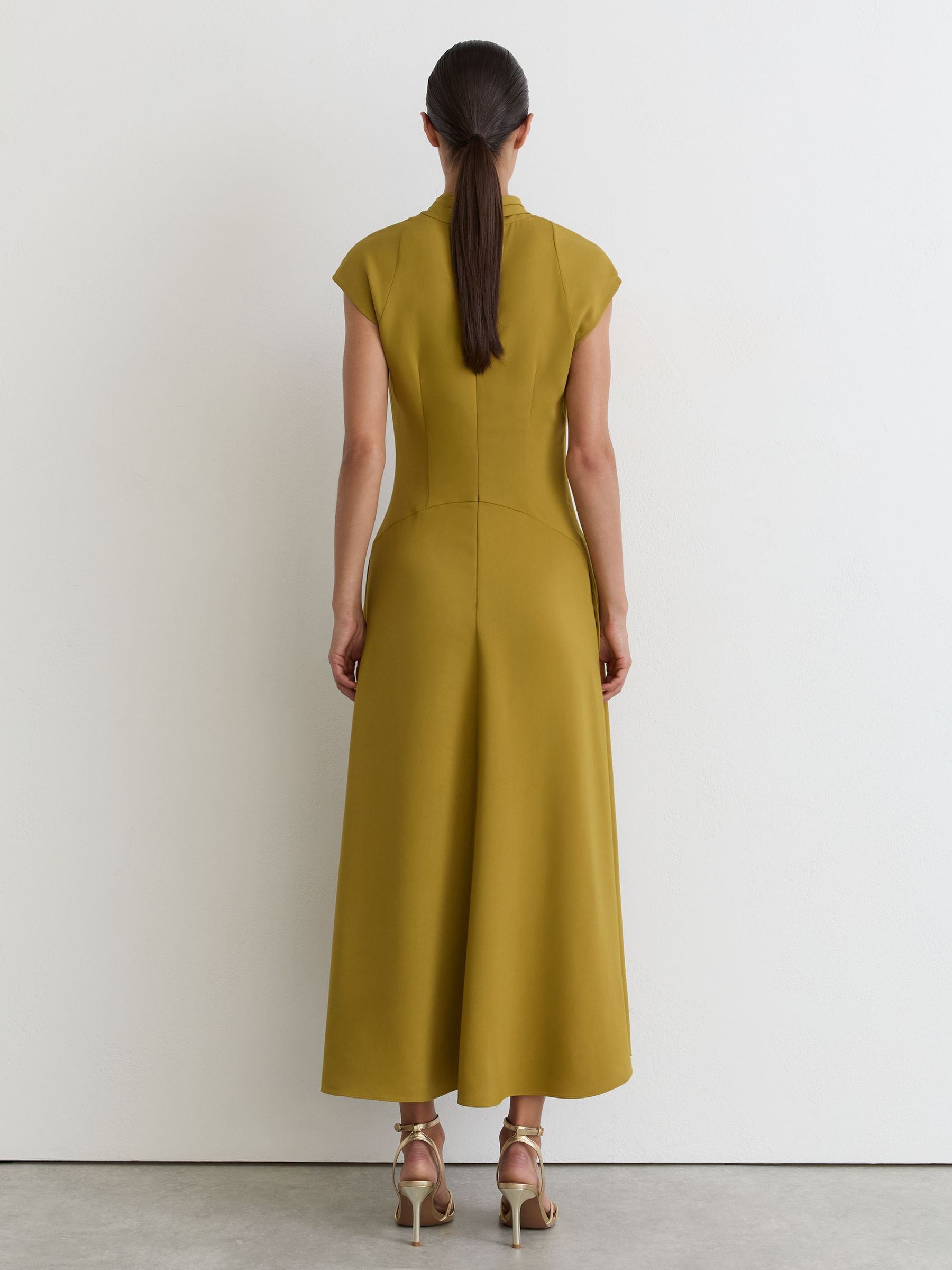 High-Neck Pleat-Detail Midi Dress in Chartreuse Green - Image 5 of 7