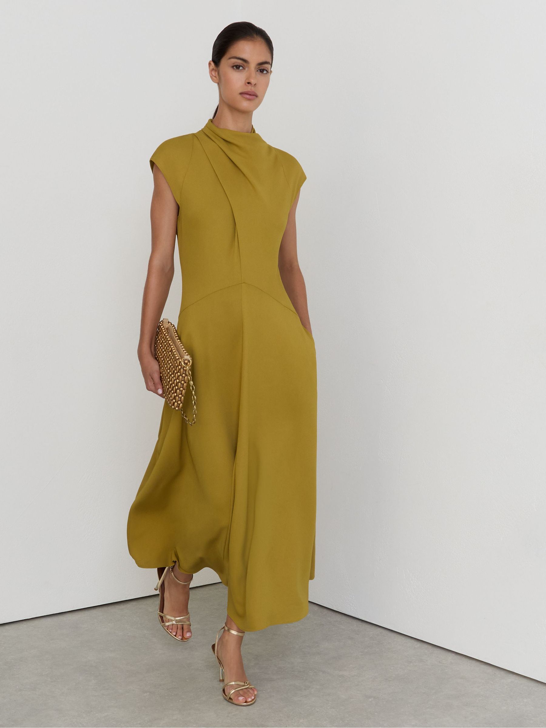 High-Neck Pleat-Detail Midi Dress in Chartreuse Green - Image 6 of 7