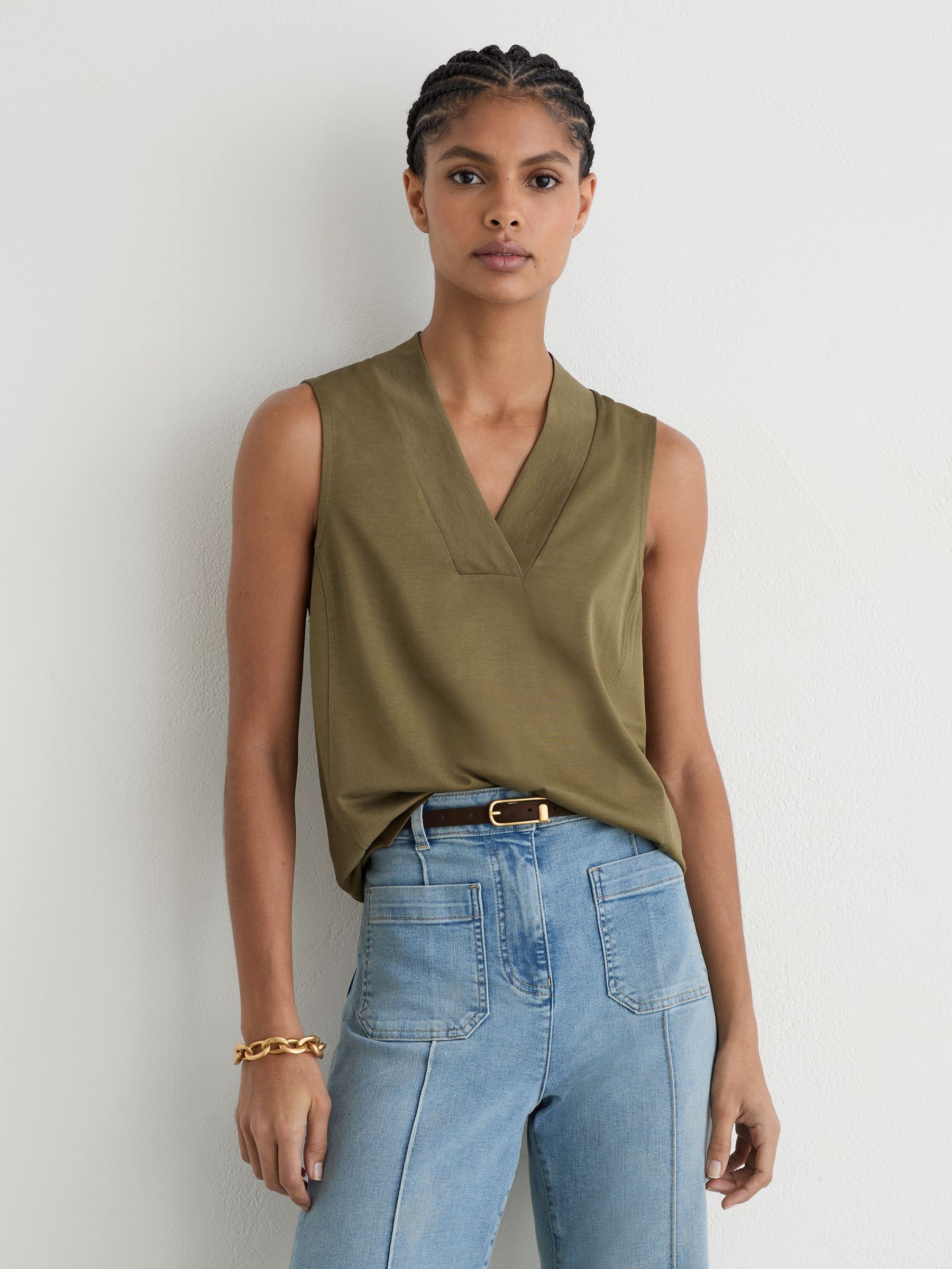 Jersey V-Neck Vest in Khaki Green - Image 1 of 6