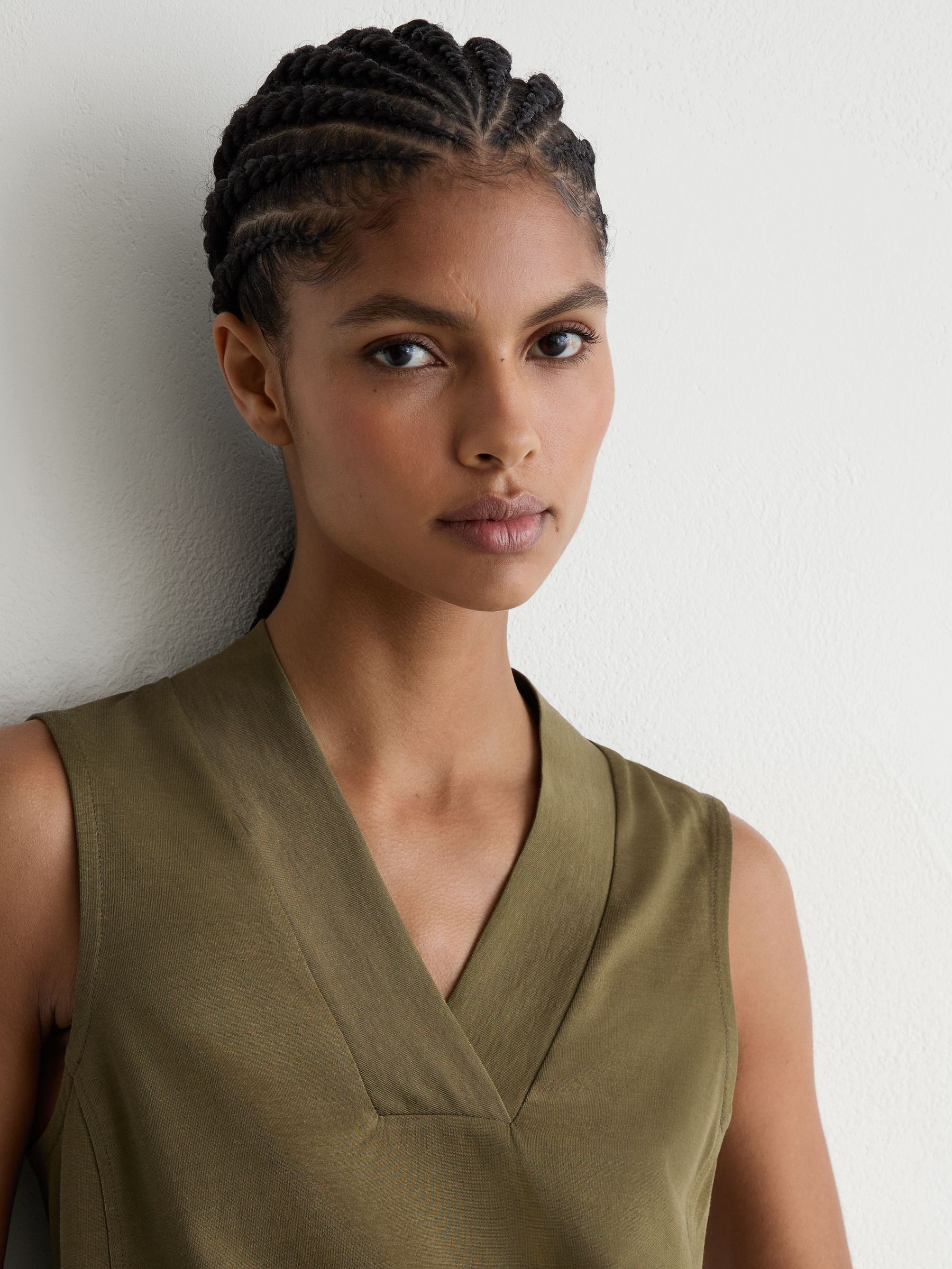 Jersey V-Neck Vest in Khaki Green - Image 4 of 6