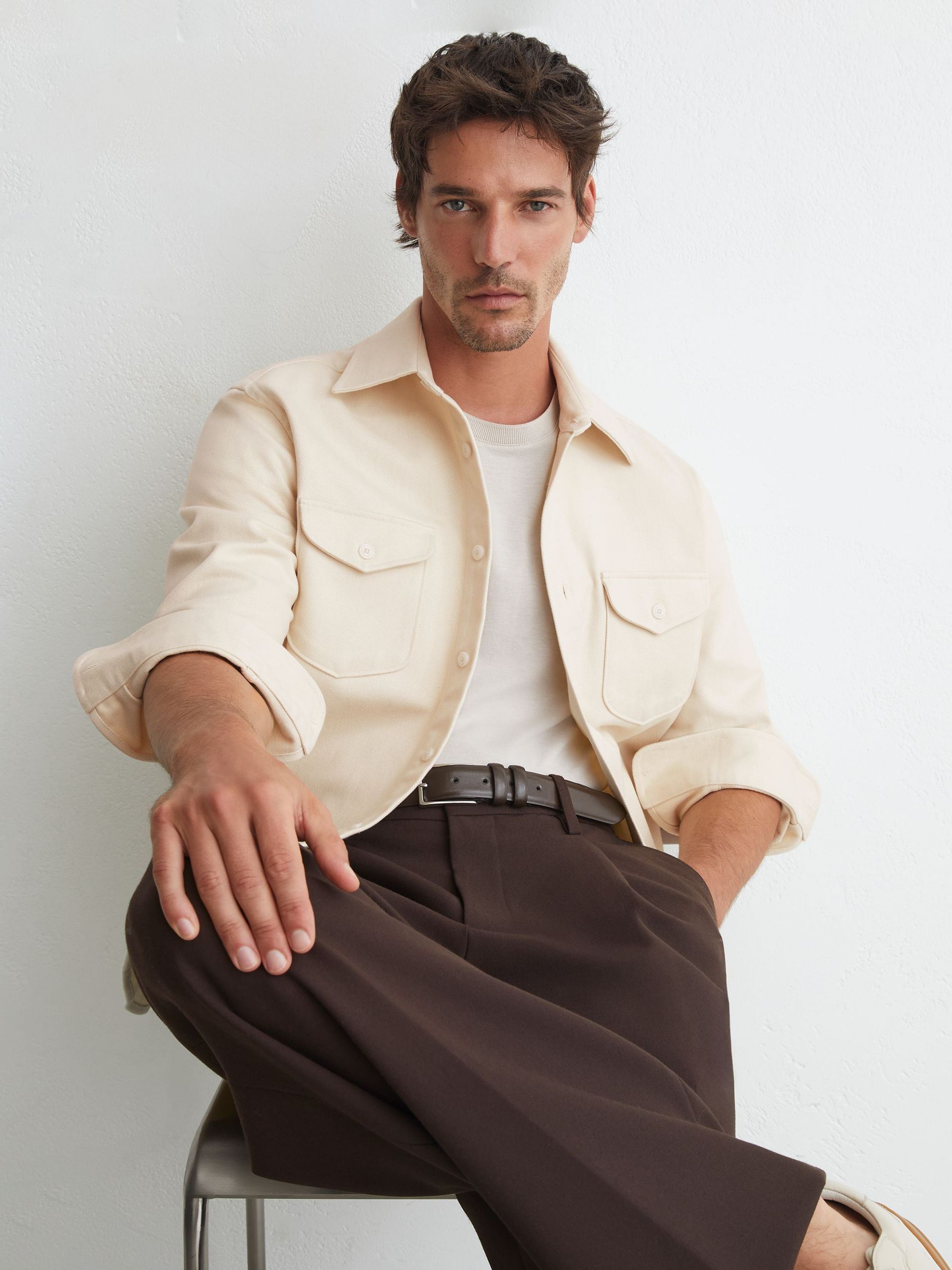 Cotton-Twill Twin-Pocket Regular-Fit Shirt in Stone - Image 1 of 7 Cotton-Twill Twin-Pocket Regular-Fit Shirt in Stone - Image 1 of 7
