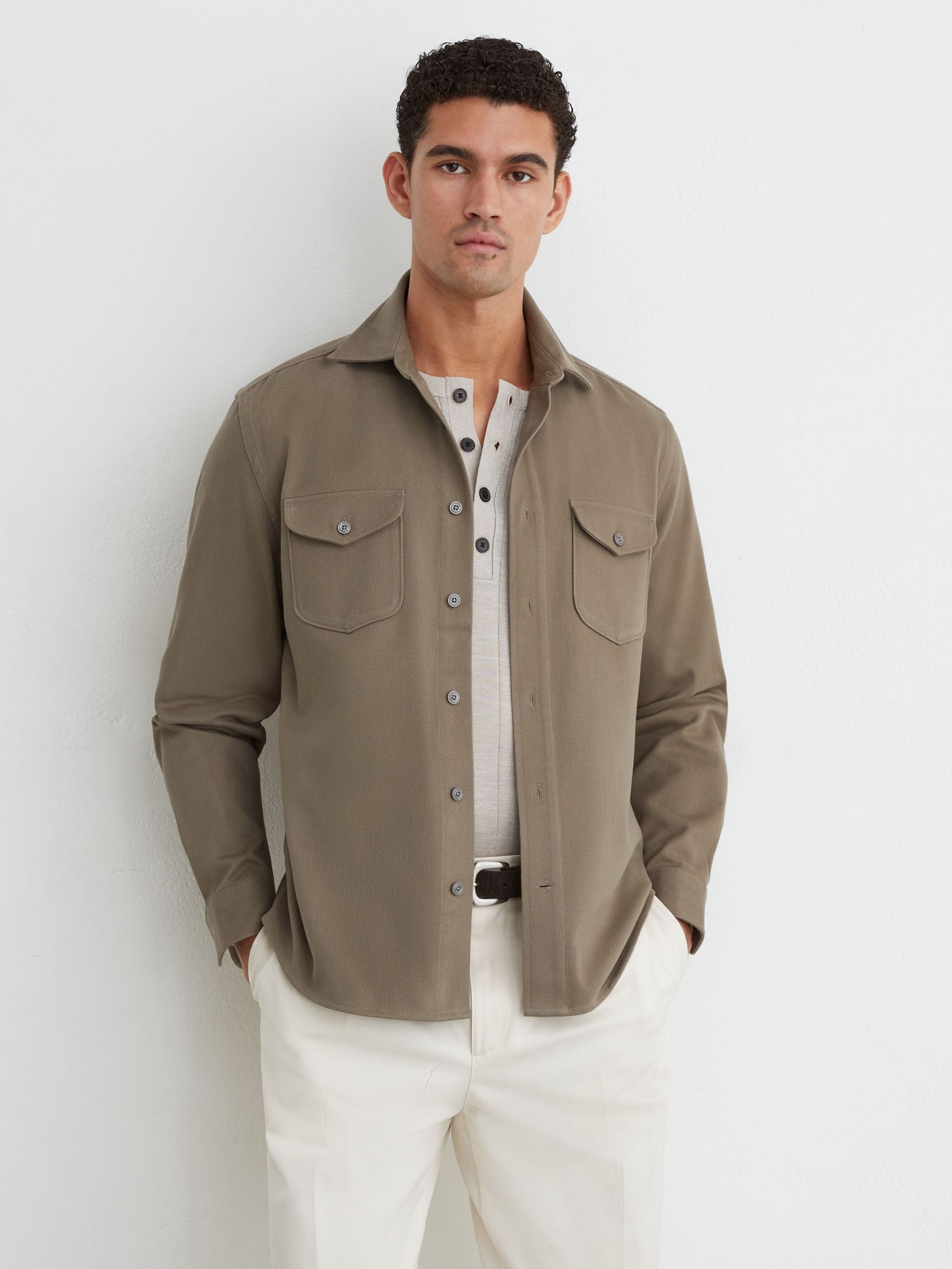Cotton-Twill Twin-Pocket Regular-Fit Shirt in Soft Sage - Image 1 of 7