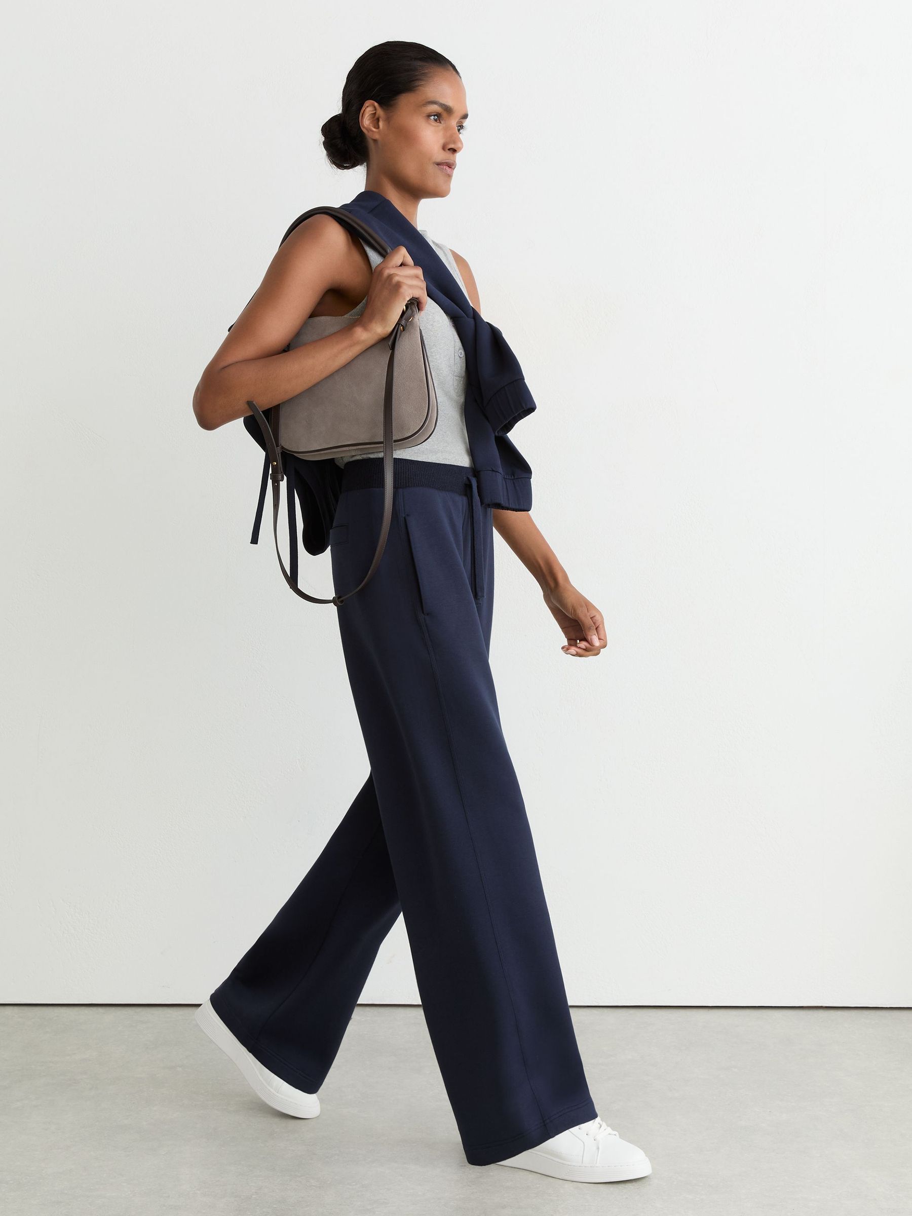 Premium Interlock Wide-Leg Joggers in Navy - Image 5 of 8