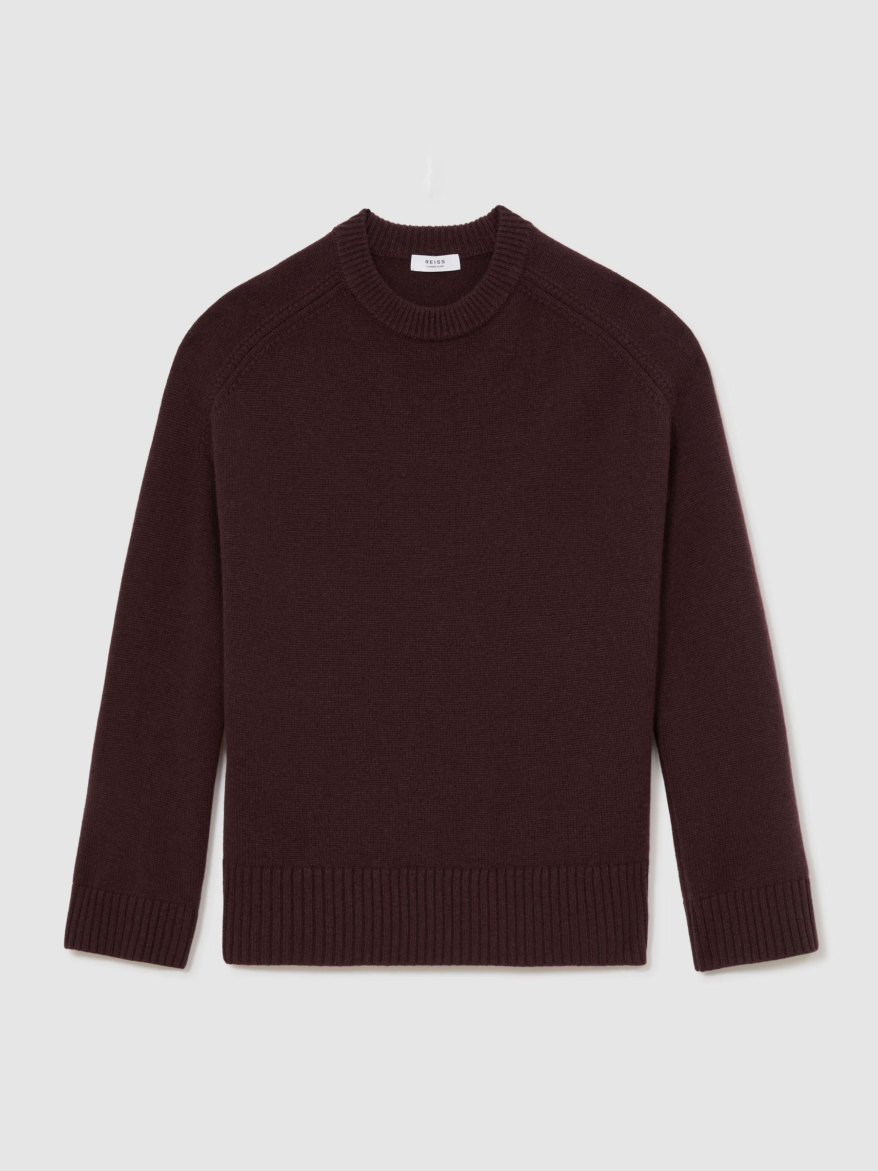 Pull raglan à col rond en laine et cachemire couleur bordeaux raisin - Image 2 de 7