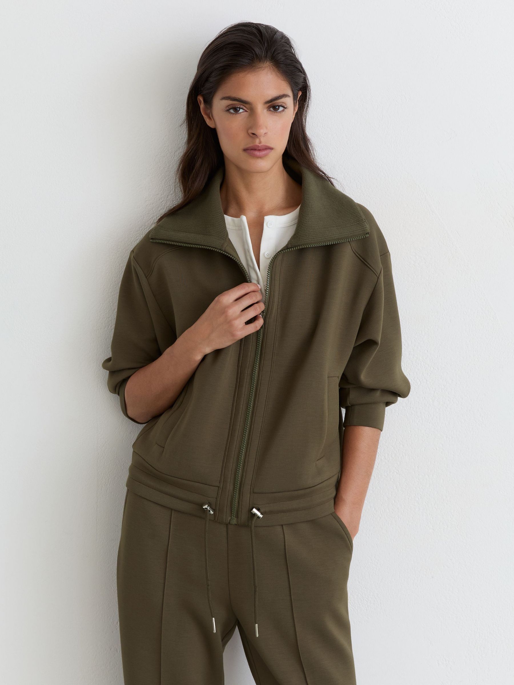 Premium Interlock Zip-Front Sweatshirt in Khaki Green - Image 1 of 6 Premium Interlock Zip-Front Sweatshirt in Khaki Green - Image 1 of 6
