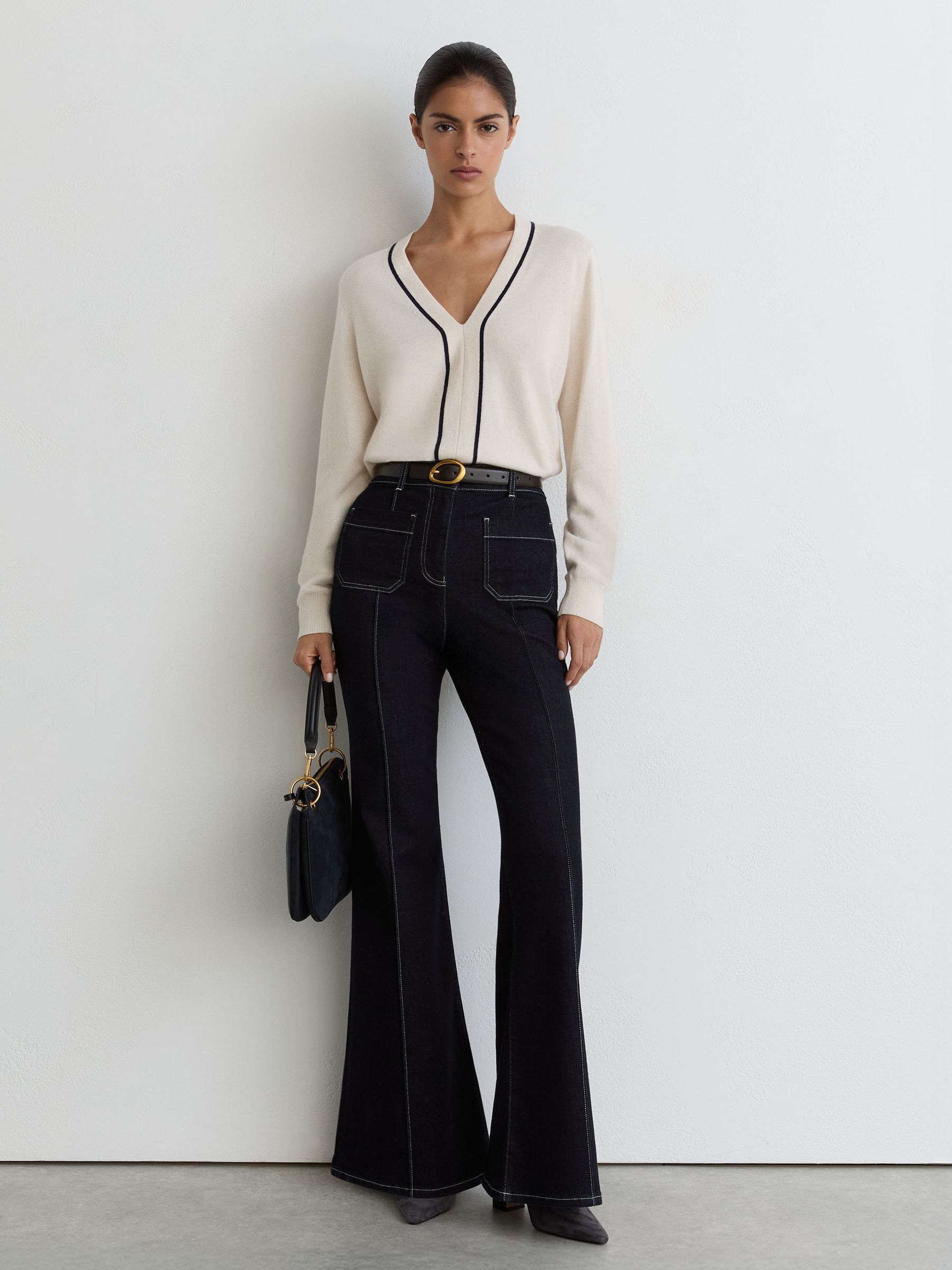 Wool-Blend V-Neck Stripe-Detail Jumper with Cashmere in Ivory/Navy - Image 1 of 6 Wool-Blend V-Neck Stripe-Detail Jumper with Cashmere in Ivory/Navy - Image 1 of 6