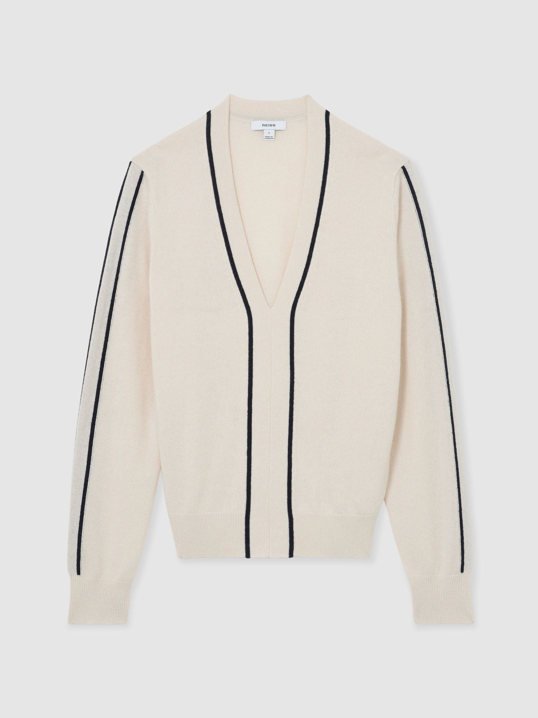 Wool-Blend V-Neck Stripe-Detail Jumper with Cashmere in Ivory/Navy - Image 2 of 6 Wool-Blend V-Neck Stripe-Detail Jumper with Cashmere in Ivory/Navy - Image 2 of 6