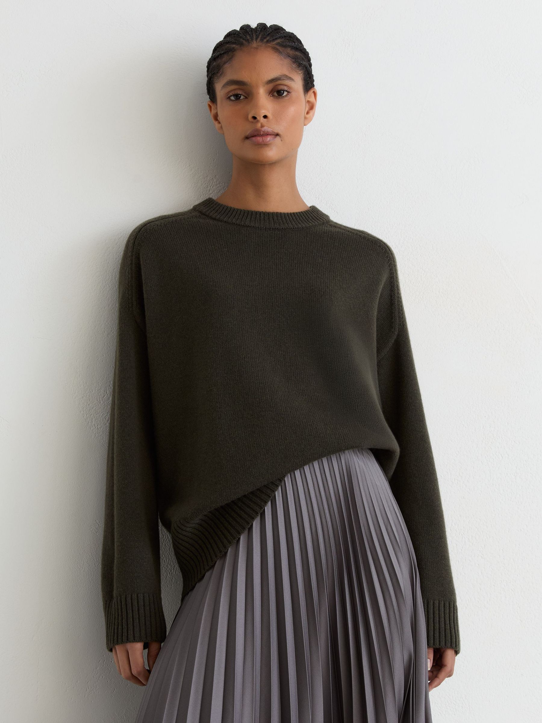 Wool-Cashmere Crew-Neck Raglan Jumper in Khaki Green - Image 1 of 7