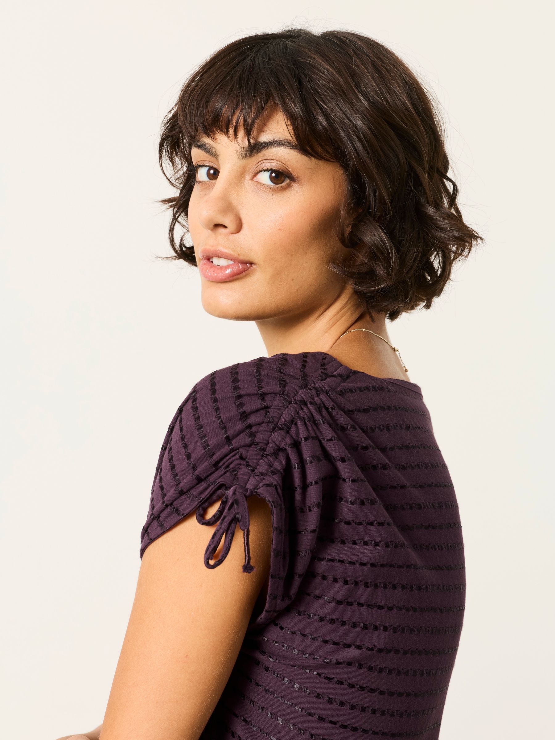Gabby Dark Purple Gathered Shoulder Detail Top - Image 3 of 7