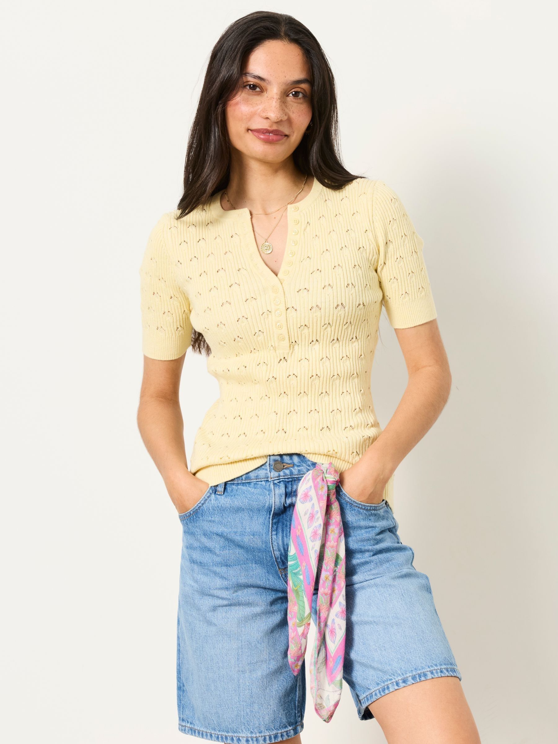 Lois Short Sleeve Knitted Henley Top in Yellow - Image 1 of 4