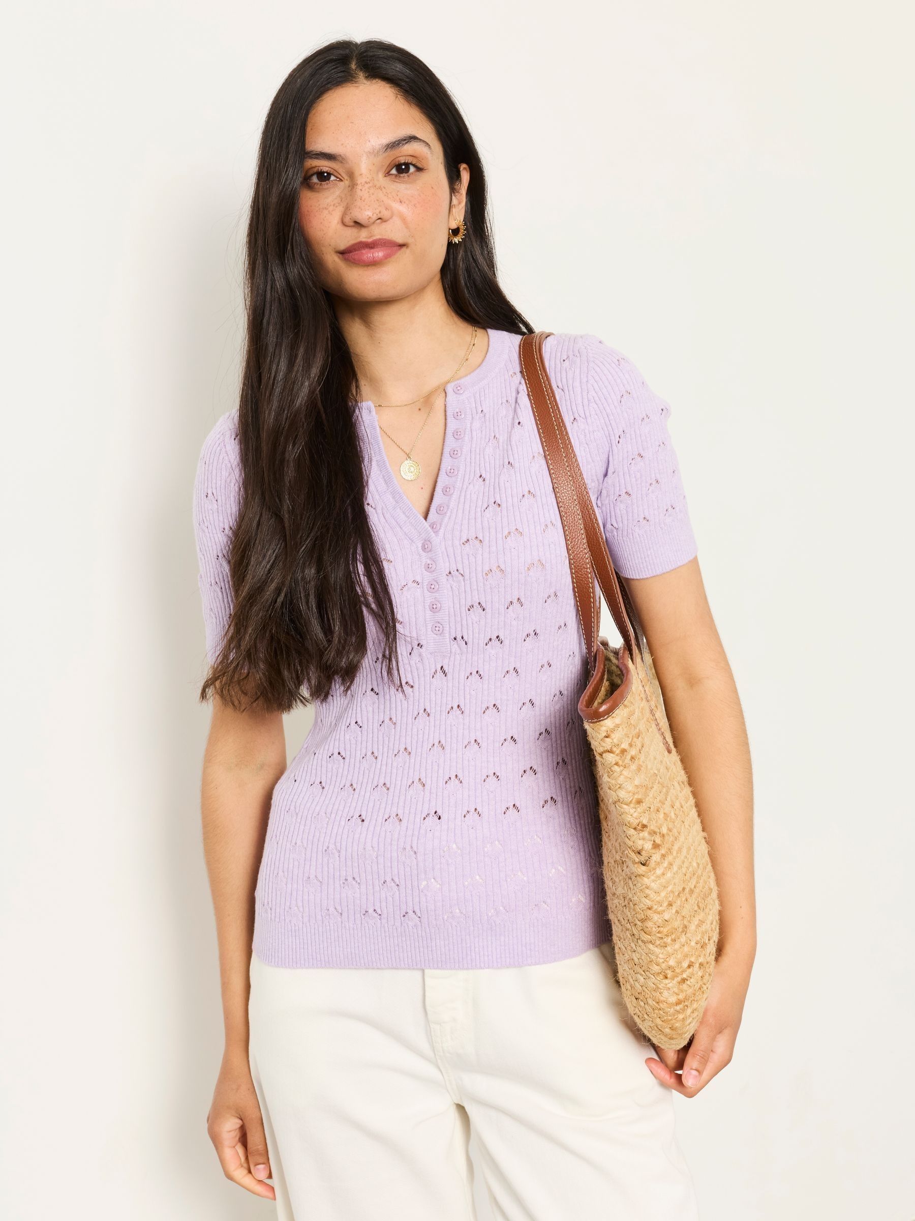 Lois Short Sleeve Knitted Henley Top in Lilac Purple - Image 1 of 5