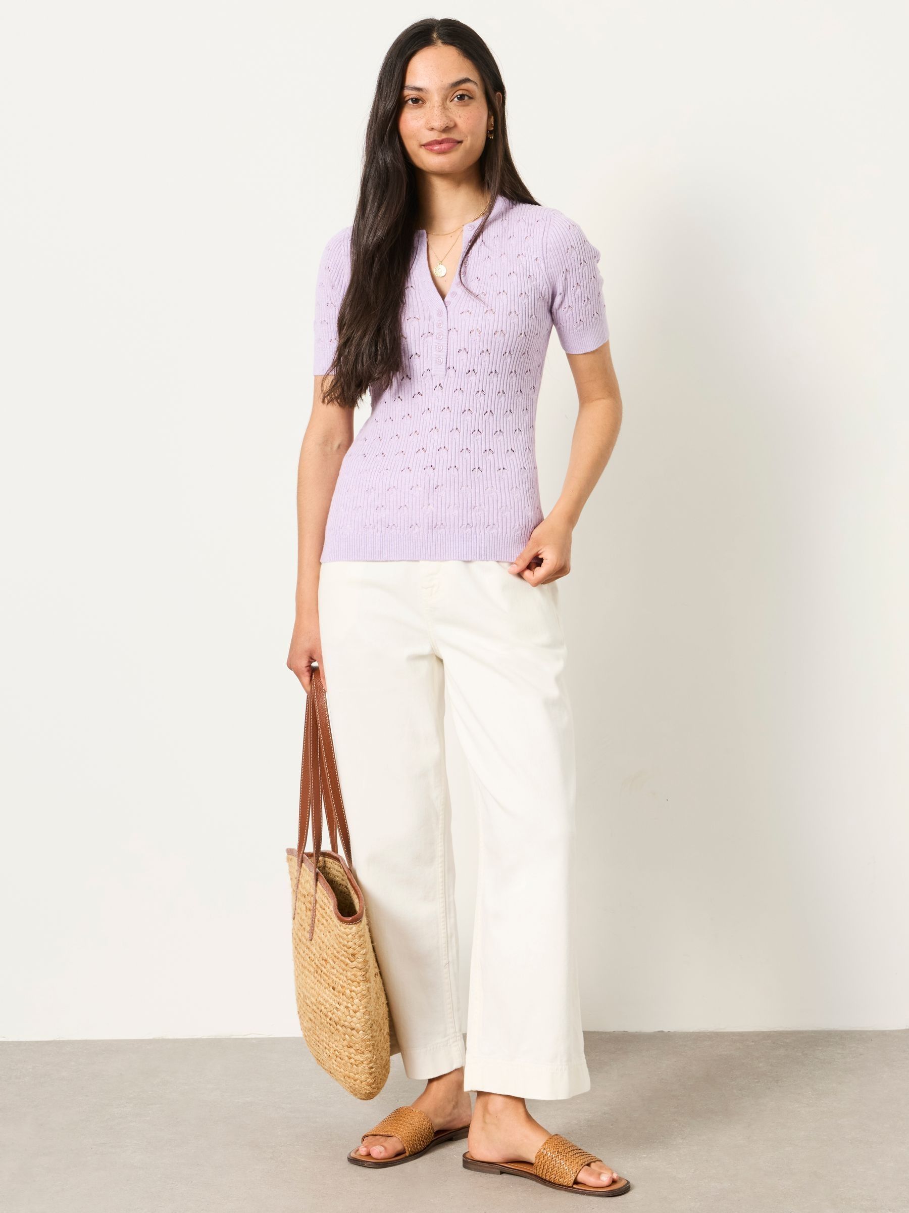 Lois Short Sleeve Knitted Henley Top in Lilac Purple - Image 3 of 5