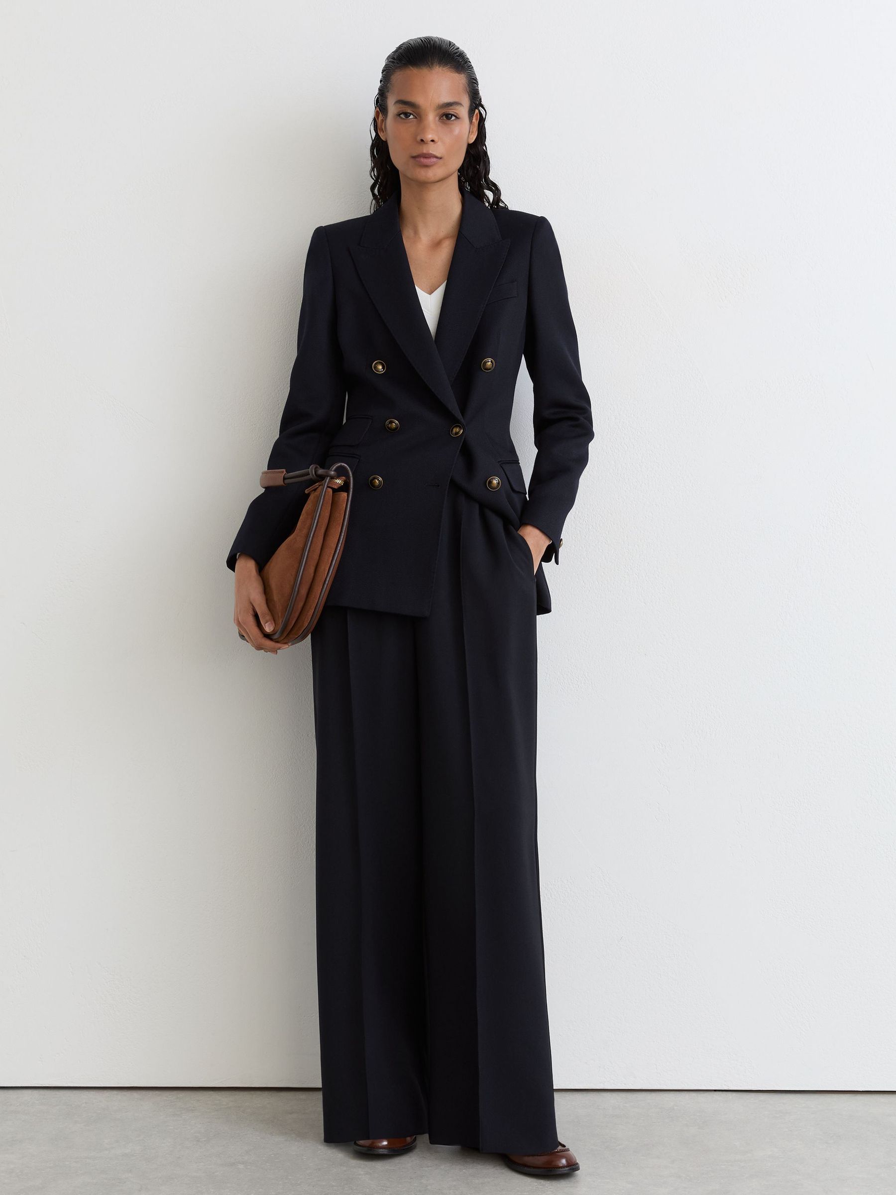 Petite Wool-Blend Twill Double-Breasted Blazer in Navy - Image 1 of 9