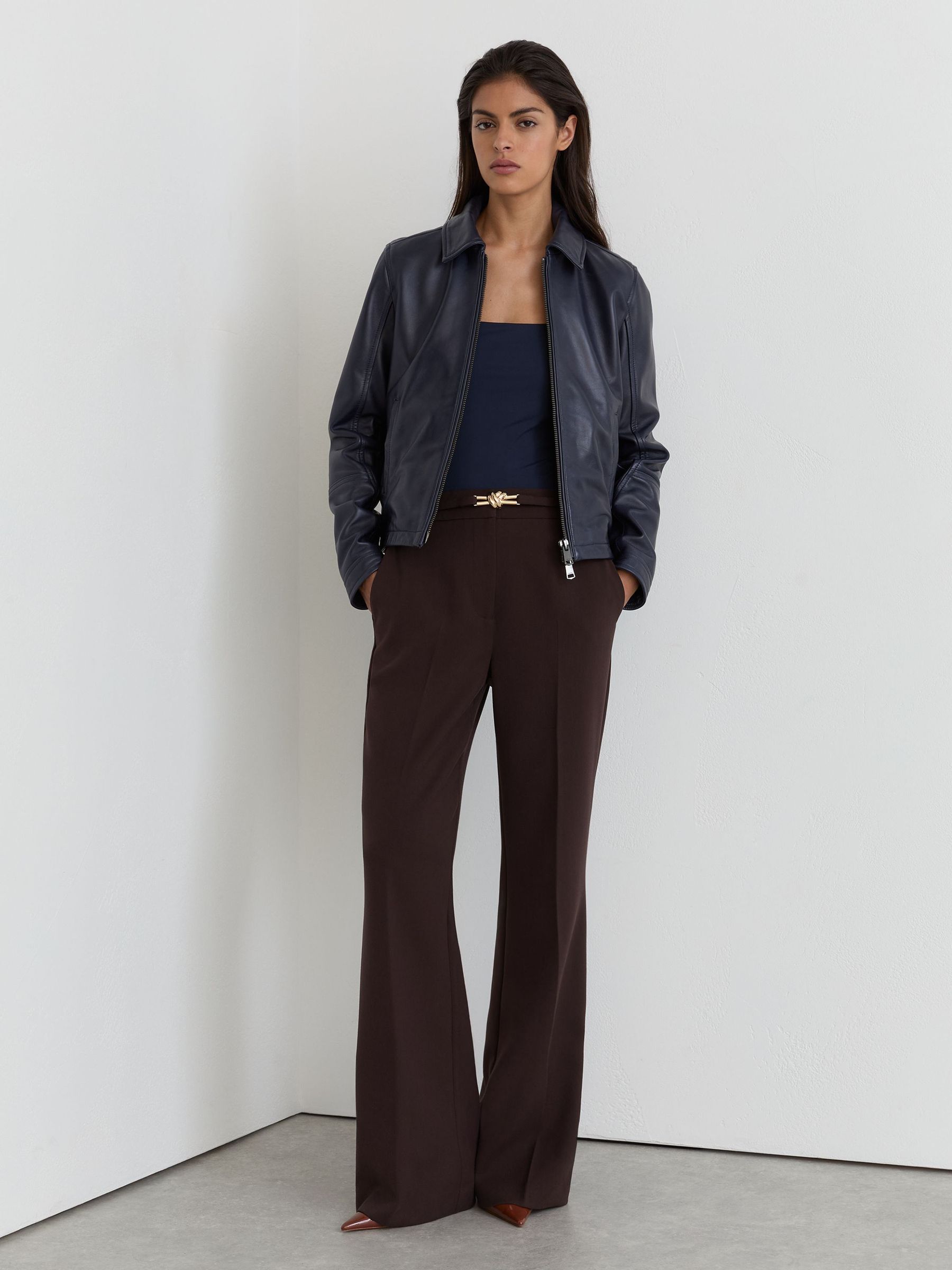 Petite Flared Knot-Hardware Belted Trousers in Grape - Image 1 of 7