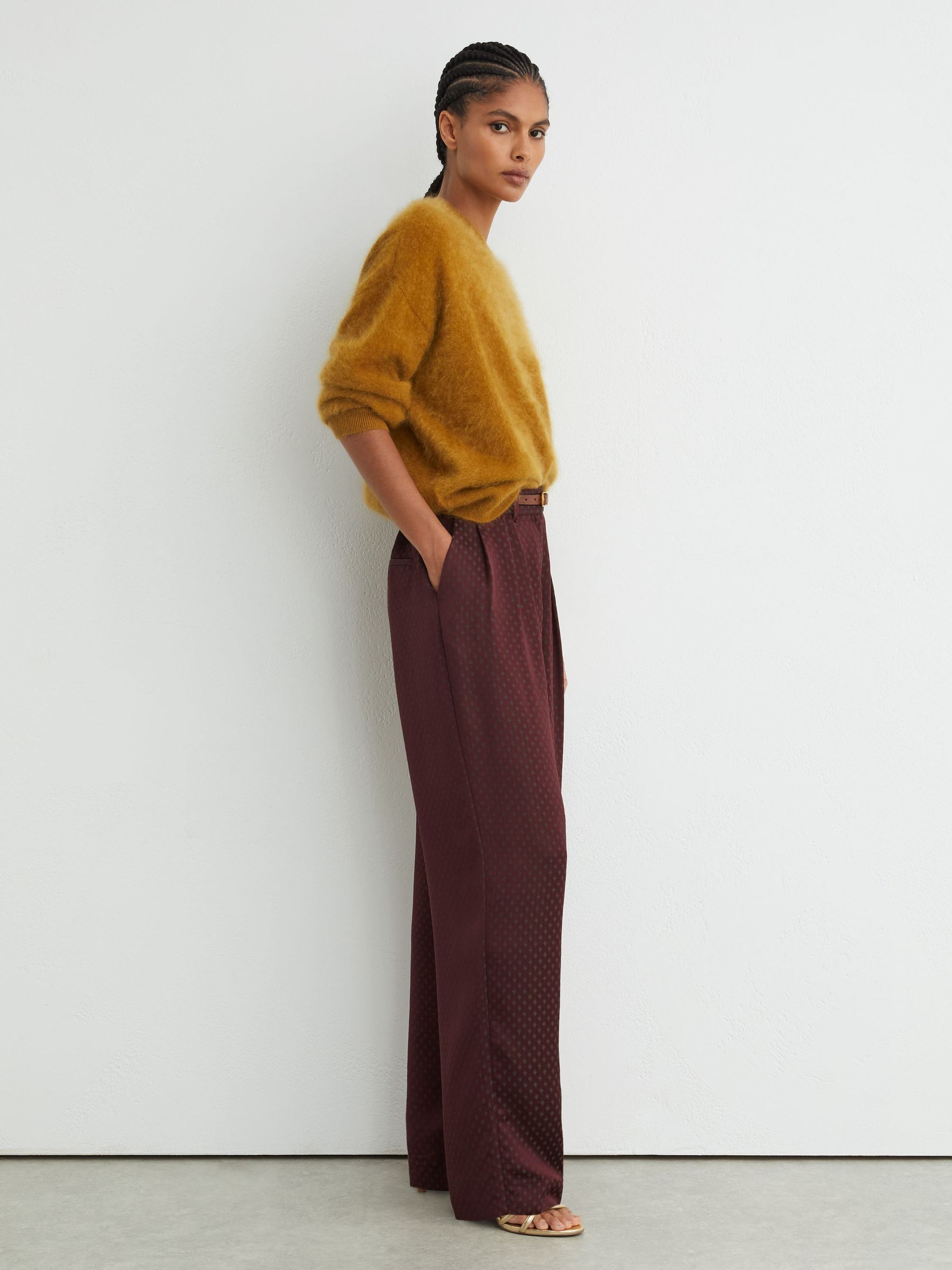 Jacquard Wide-Leg Pleated Trousers in Burgundy Red - Image 1 of 7 Jacquard Wide-Leg Pleated Trousers in Burgundy Red - Image 1 of 7