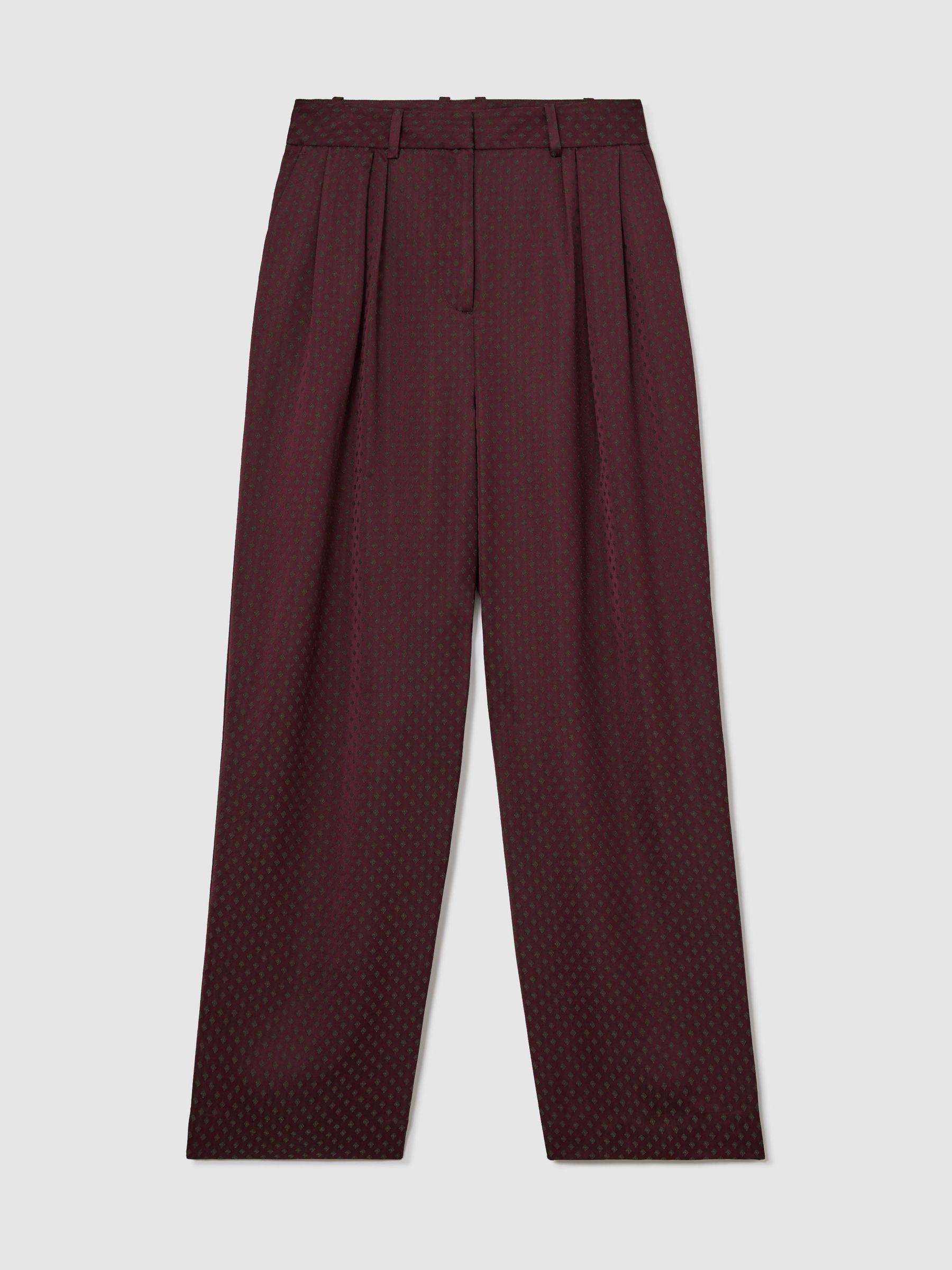 Jacquard Wide-Leg Pleated Trousers in Burgundy Red - Image 2 of 7