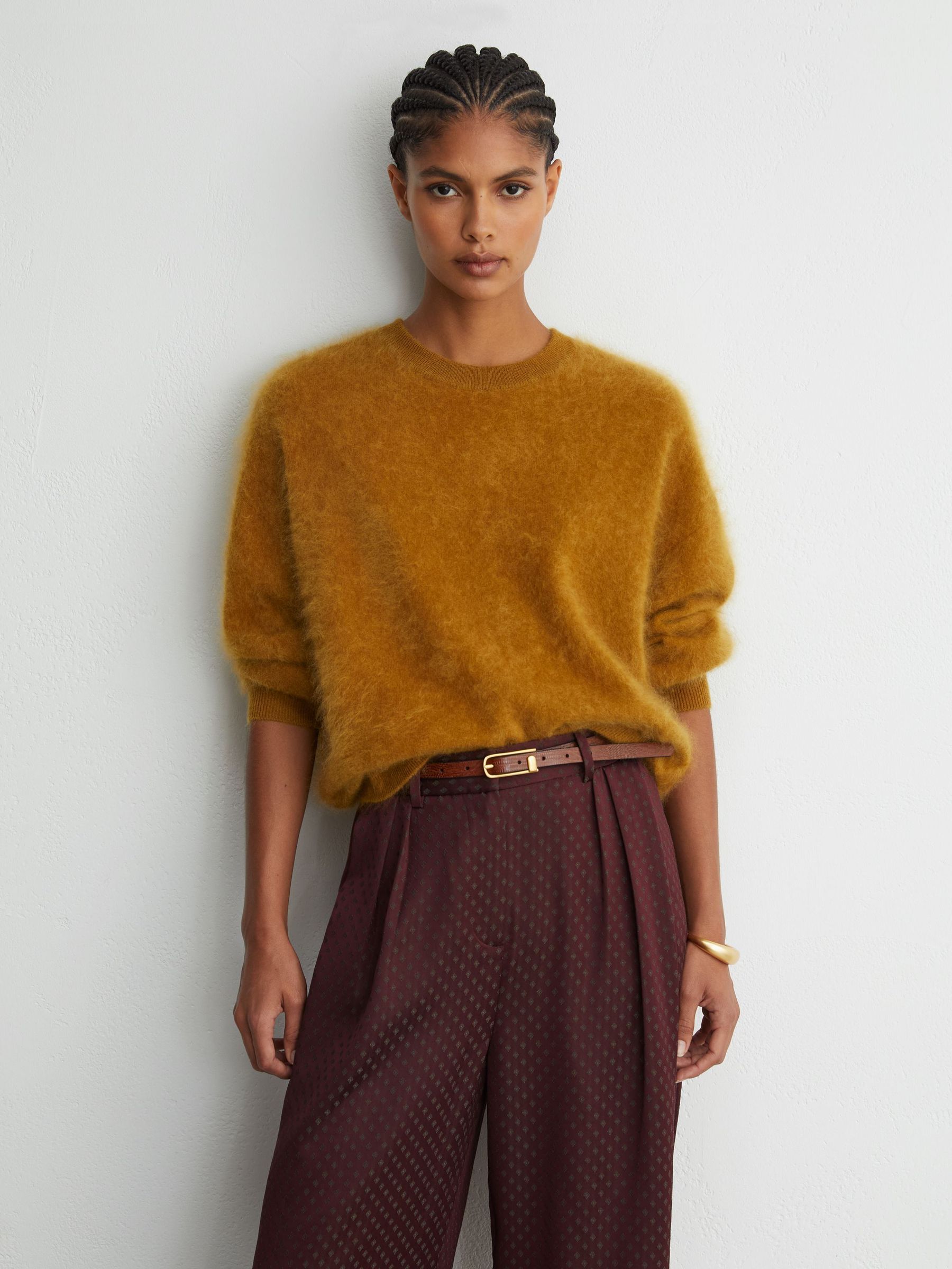 Jacquard Wide-Leg Pleated Trousers in Burgundy Red - Image 3 of 7