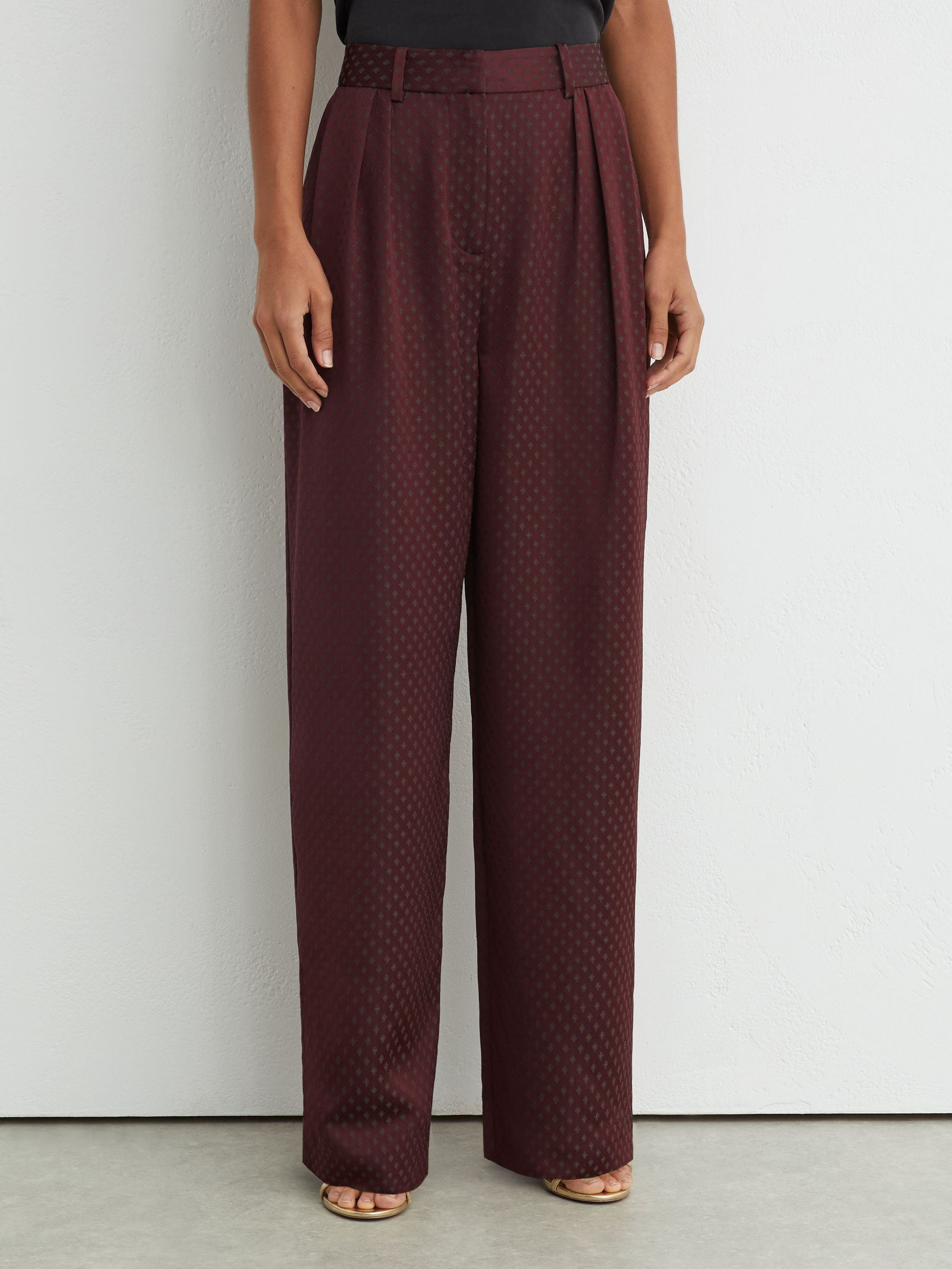 Jacquard Wide-Leg Pleated Trousers in Burgundy Red - Image 4 of 7