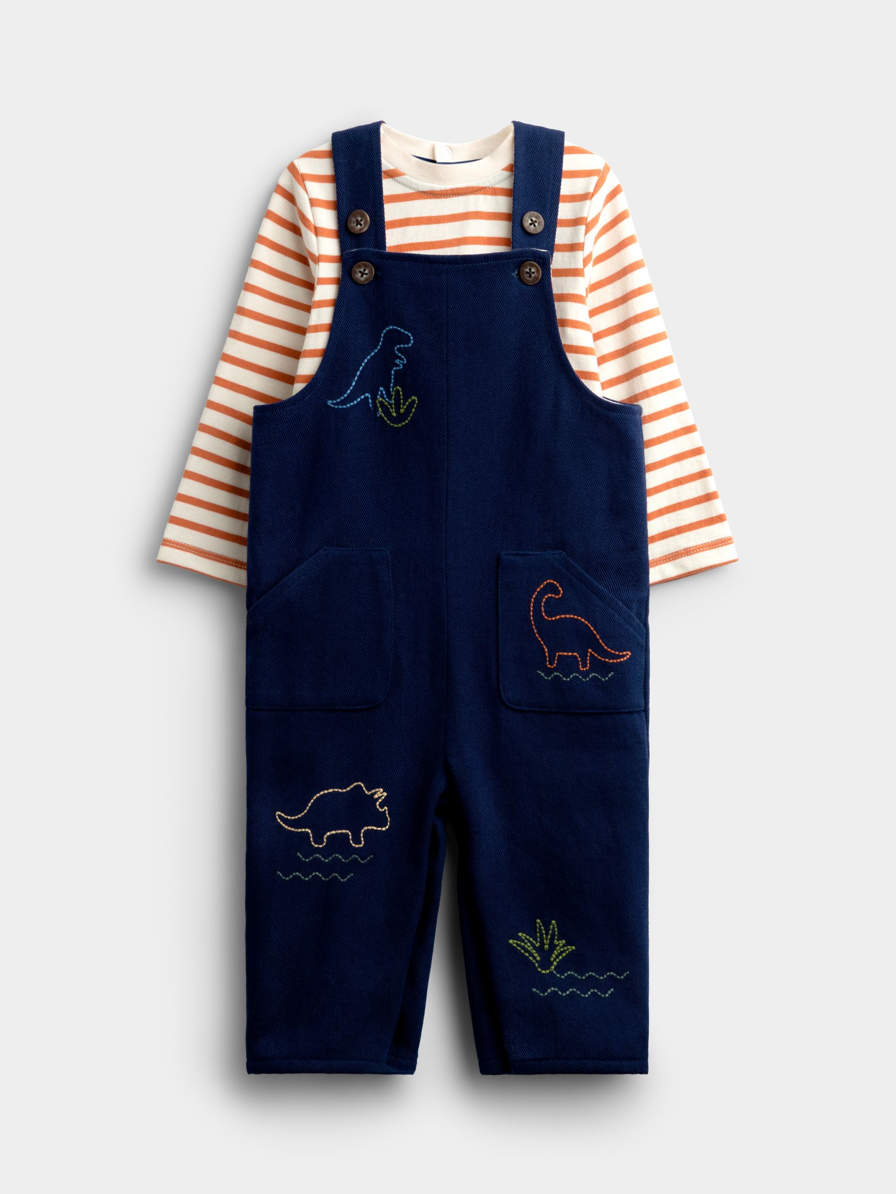 Navy Blue Dino Stab Stitch Embroidered Dungaree Set - Image 1 of 6